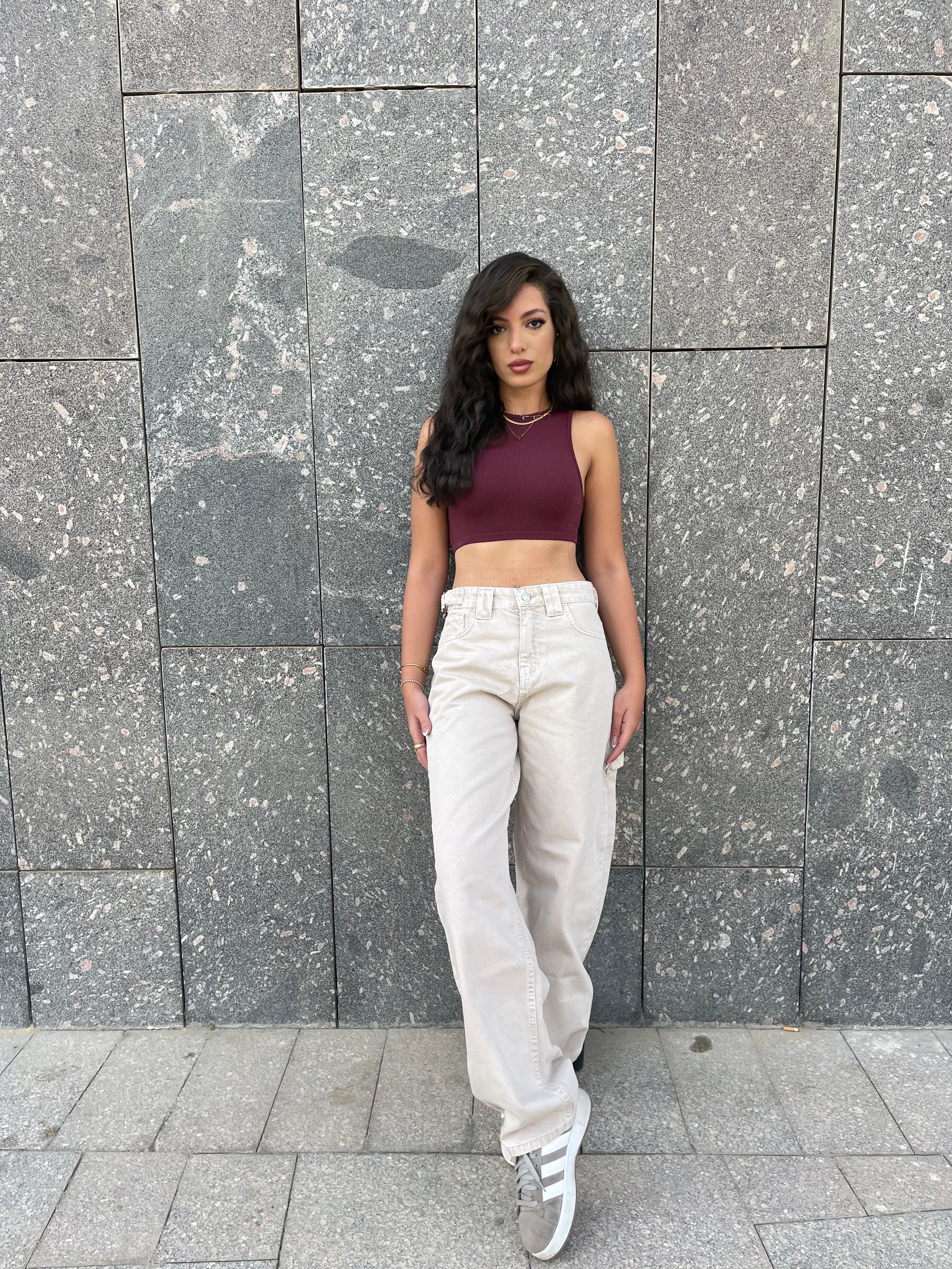 High-Waist Grey/Beige Skater Jeans
