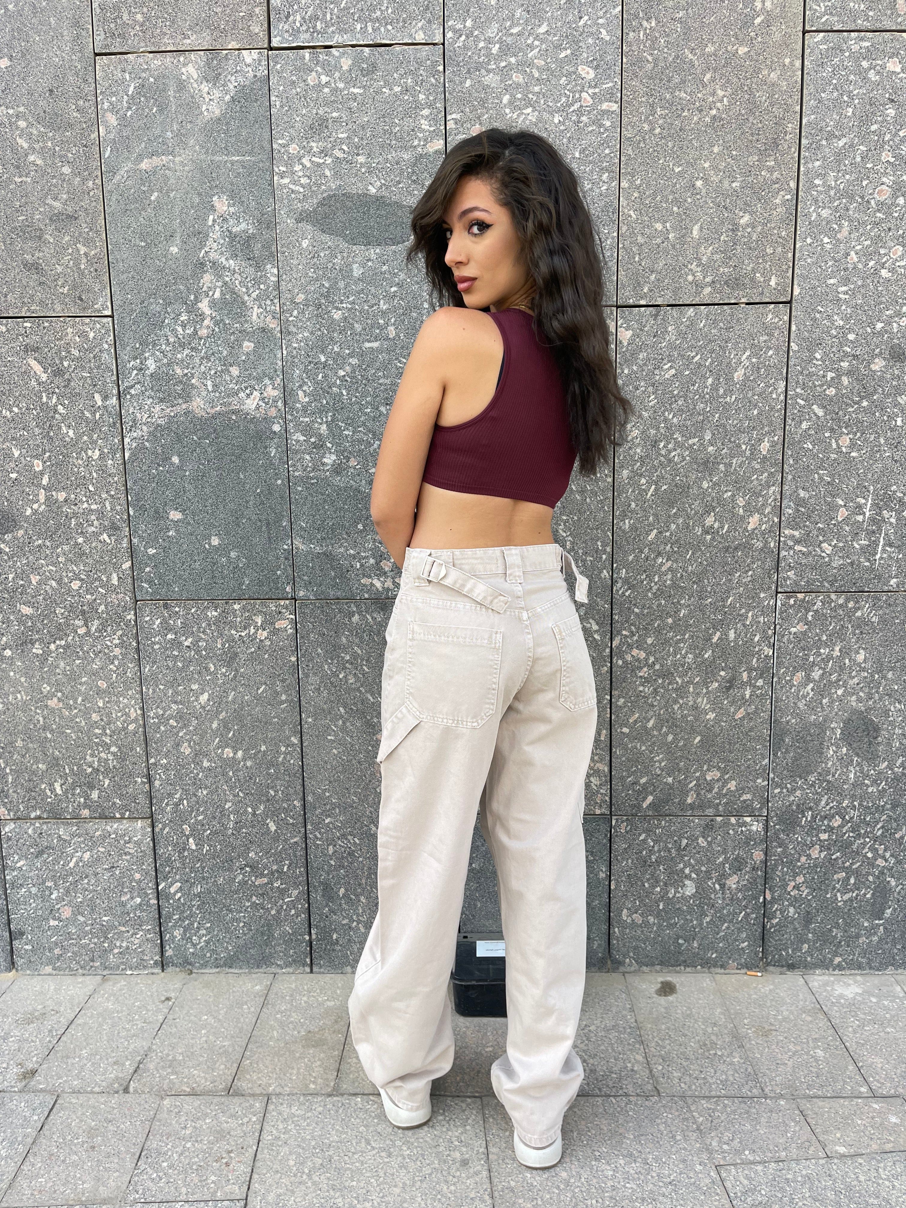 High-Waist Grey/Beige Skater Jeans