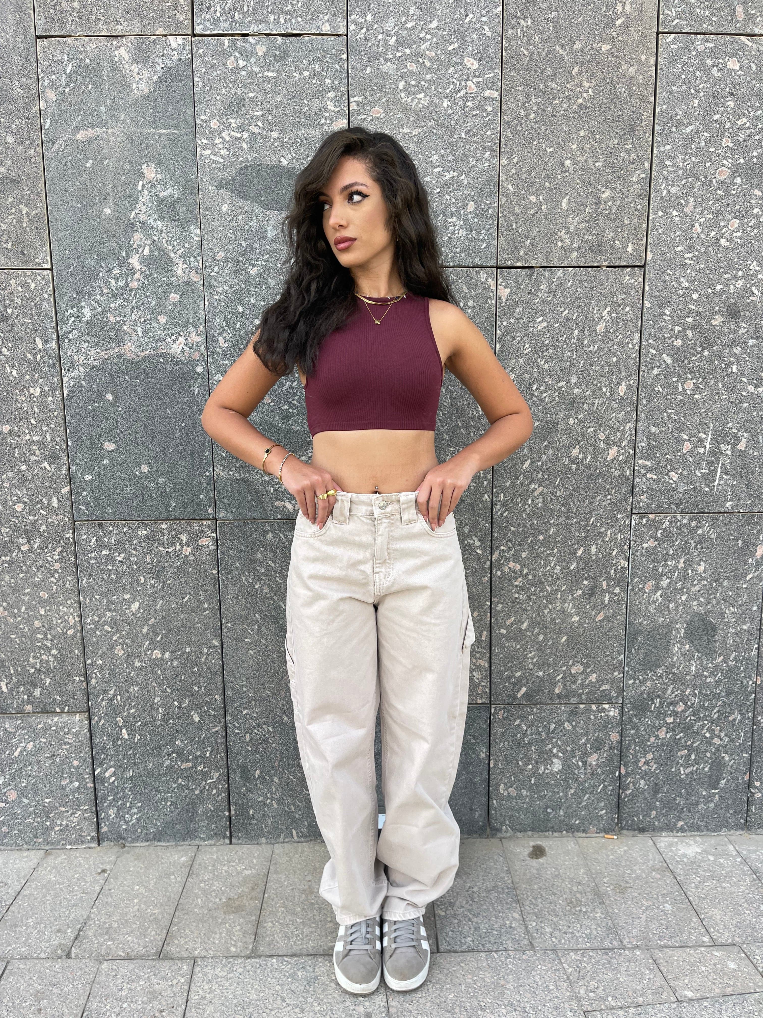 High-Waist Grey/Beige Skater Jeans