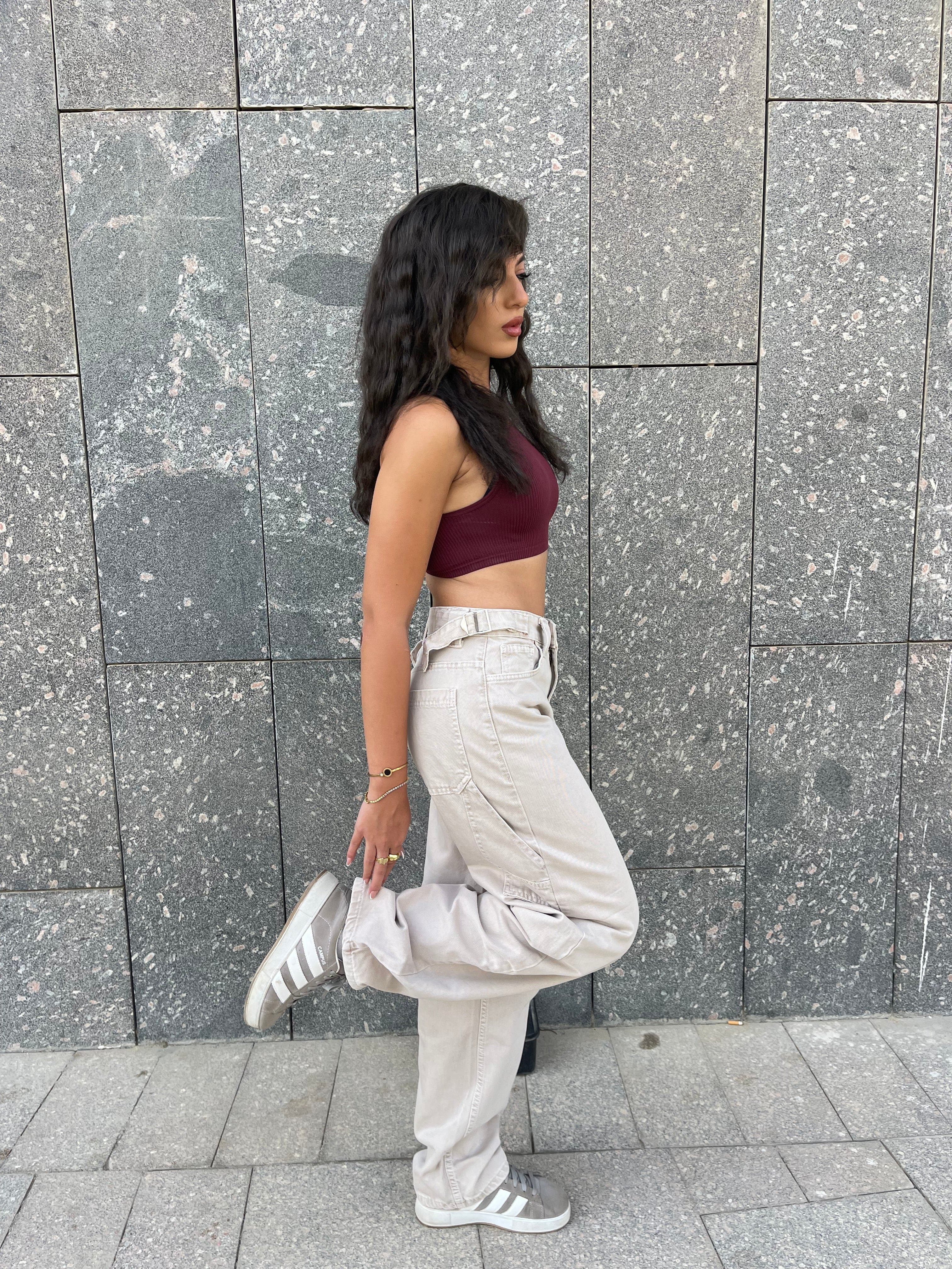 High-Waist Grey/Beige Skater Jeans