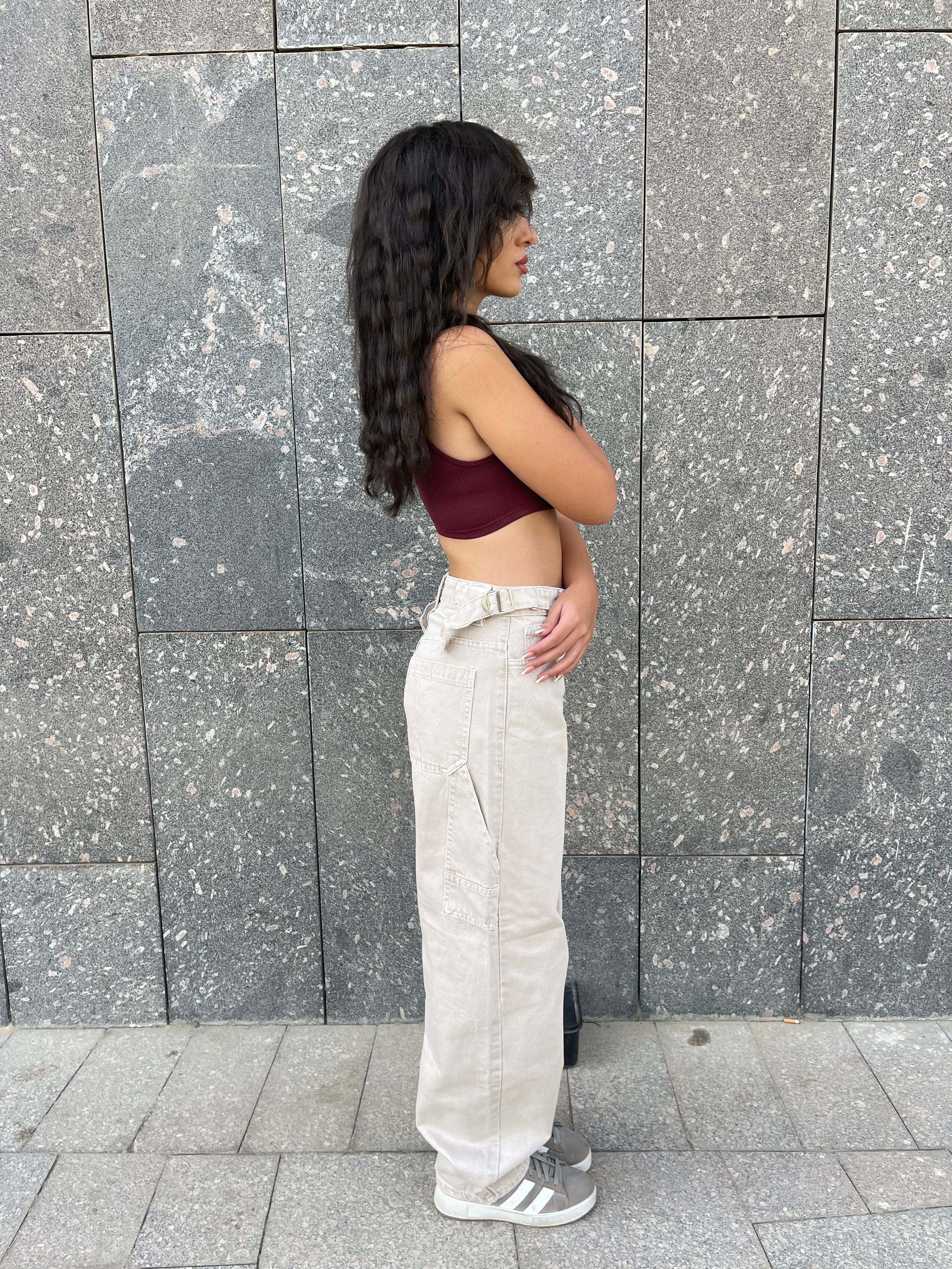 High-Waist Grey/Beige Skater Jeans
