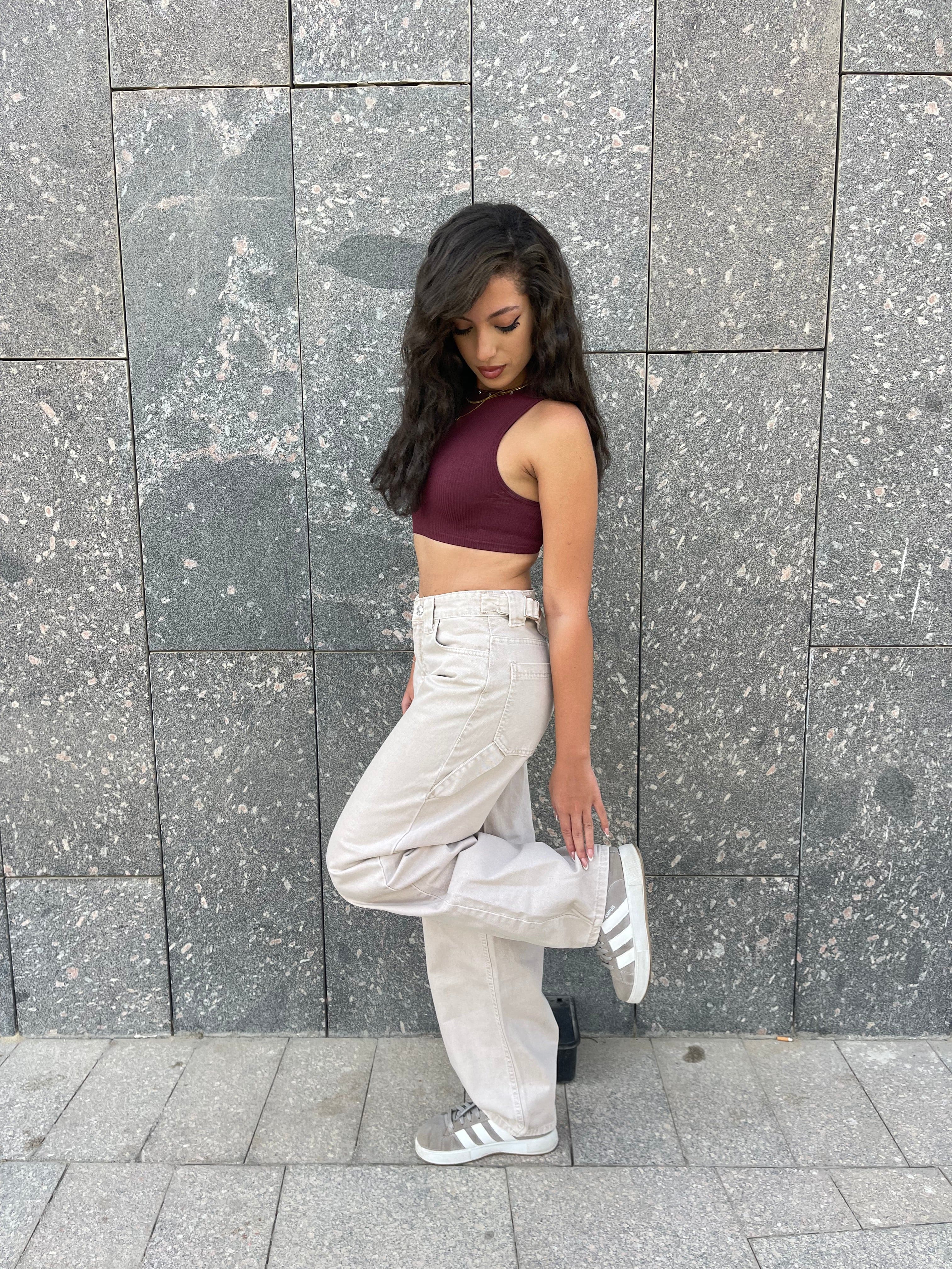 High-Waist Grey/Beige Skater Jeans