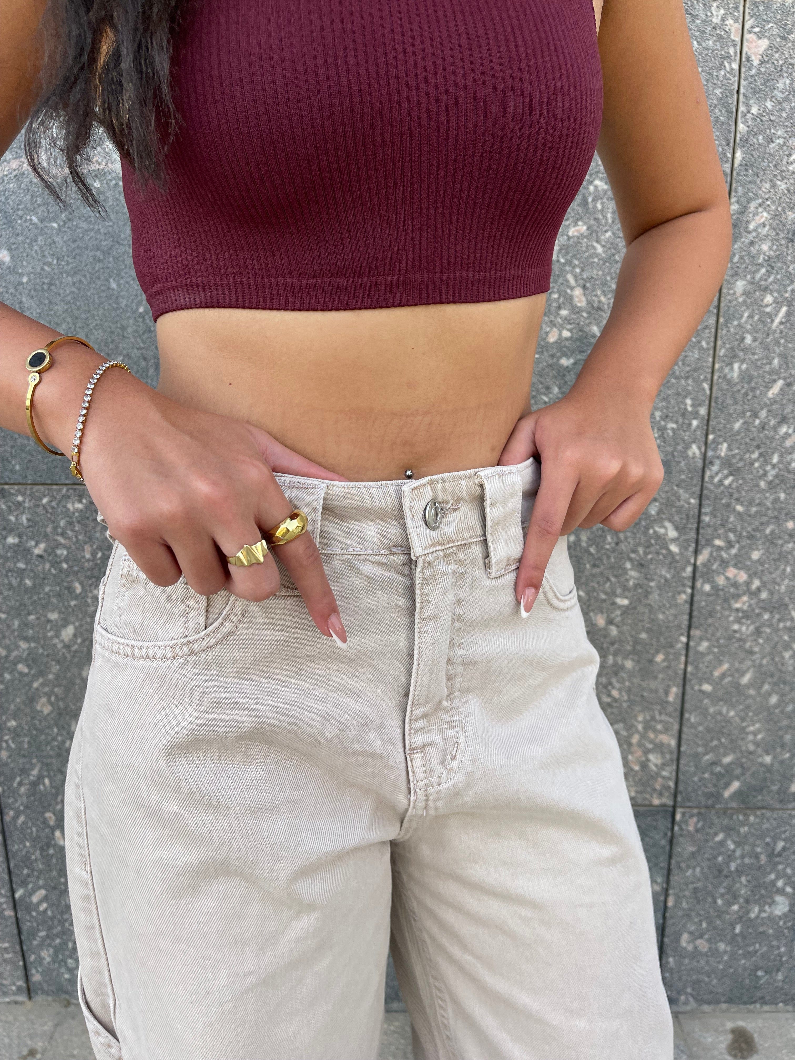 High-Waist Grey/Beige Skater Jeans