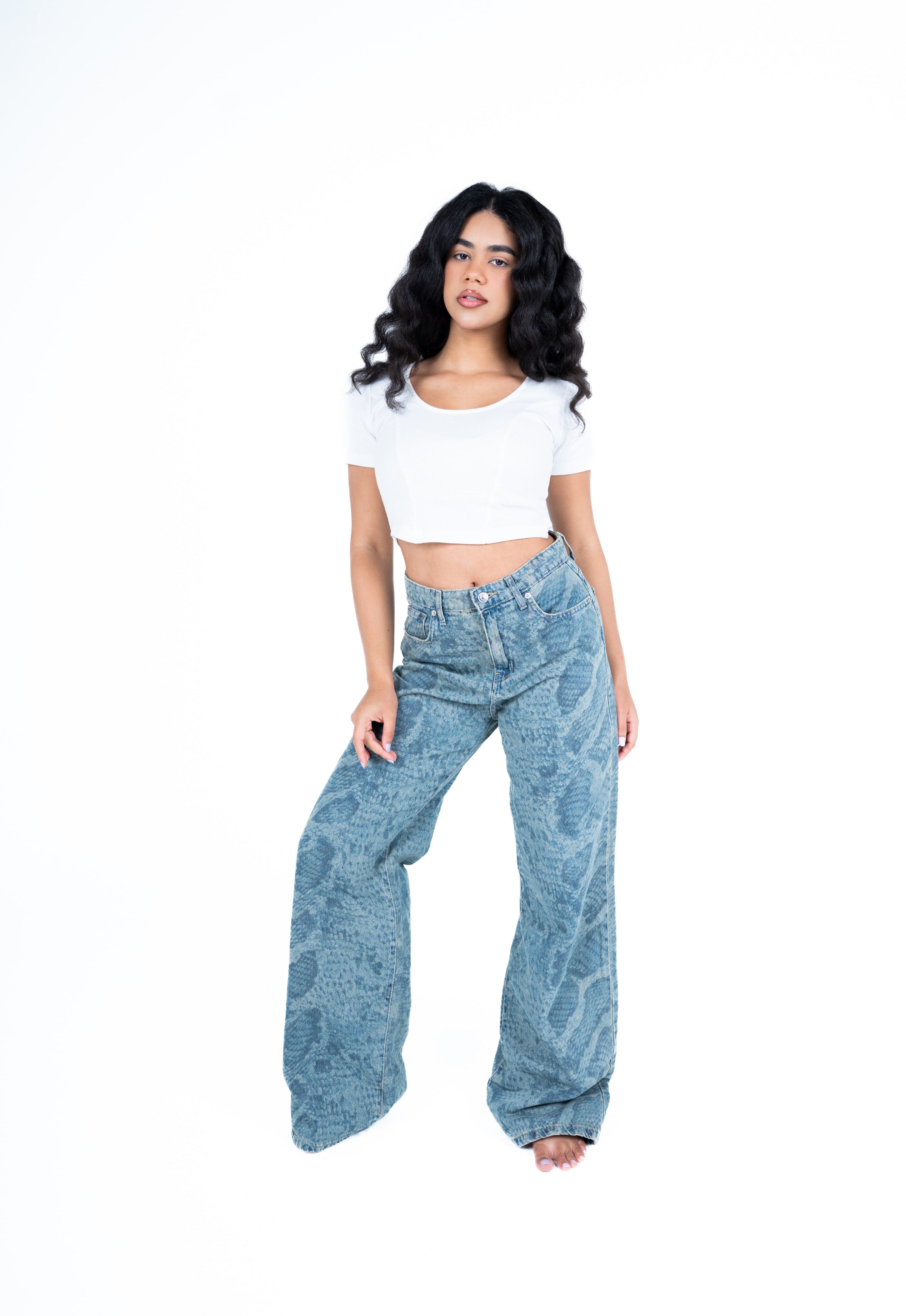 Light color snake print jeans