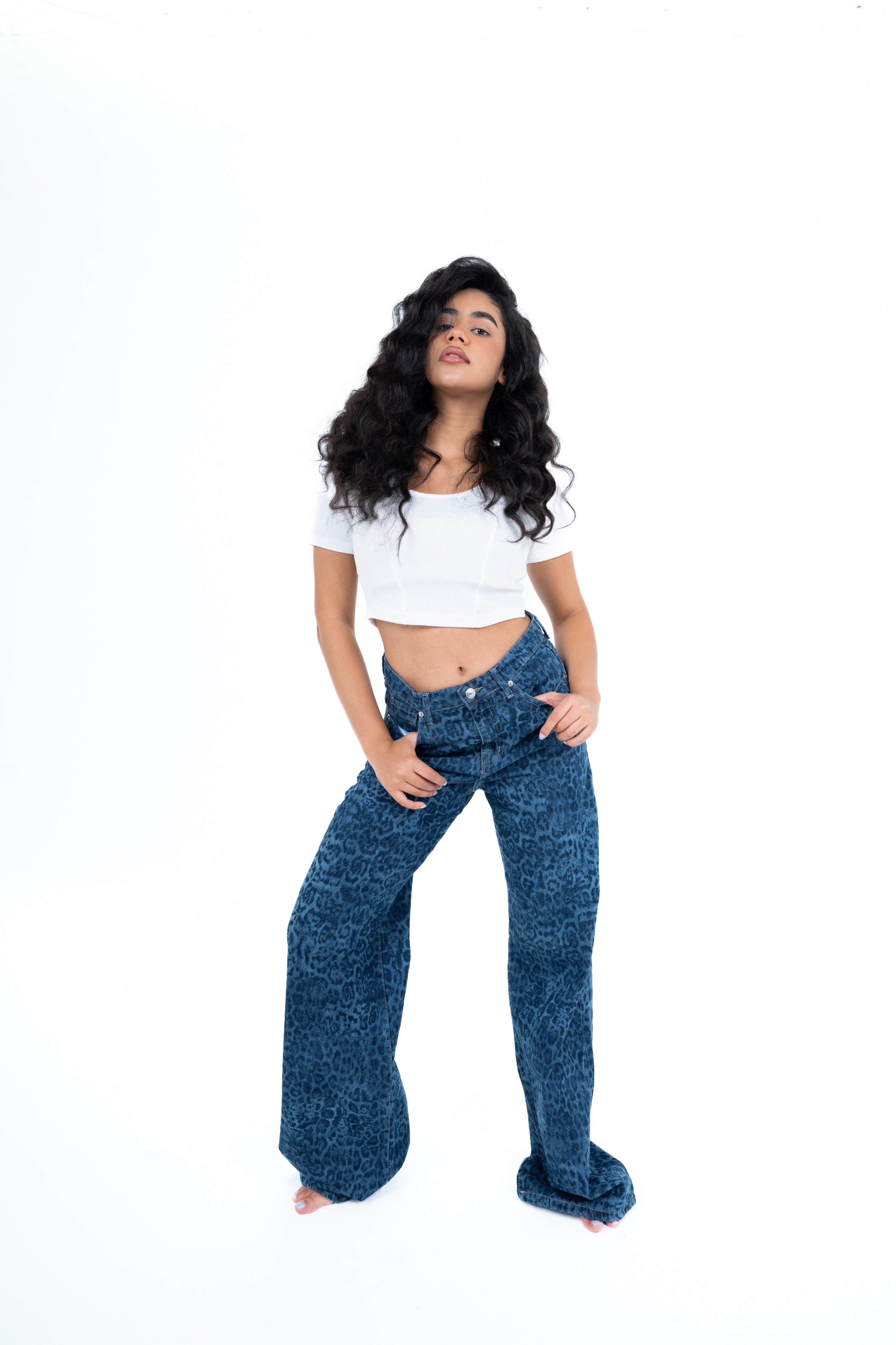 Blue Dirty wash Tiger print jeans
