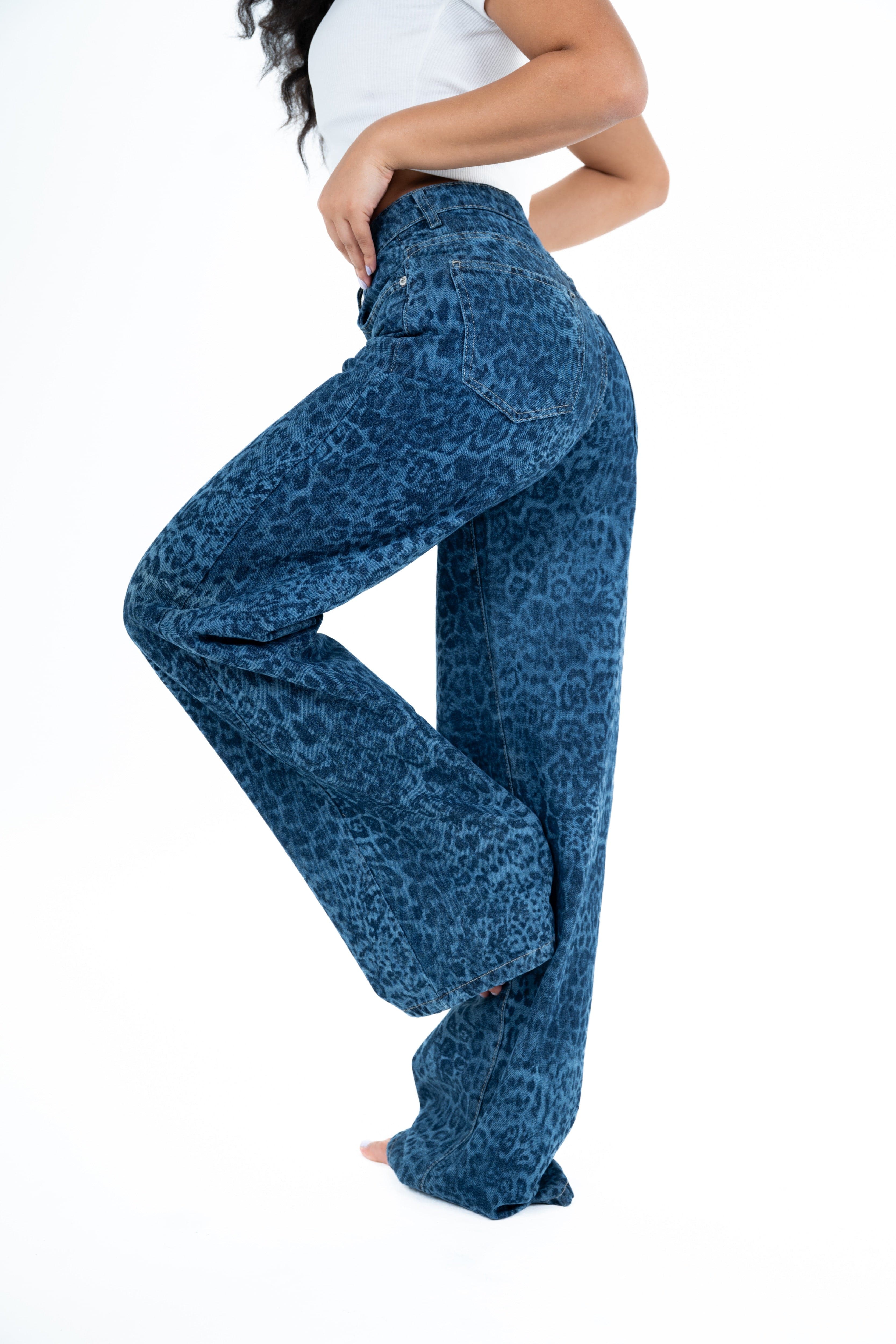 Blue Dirty wash Tiger print jeans