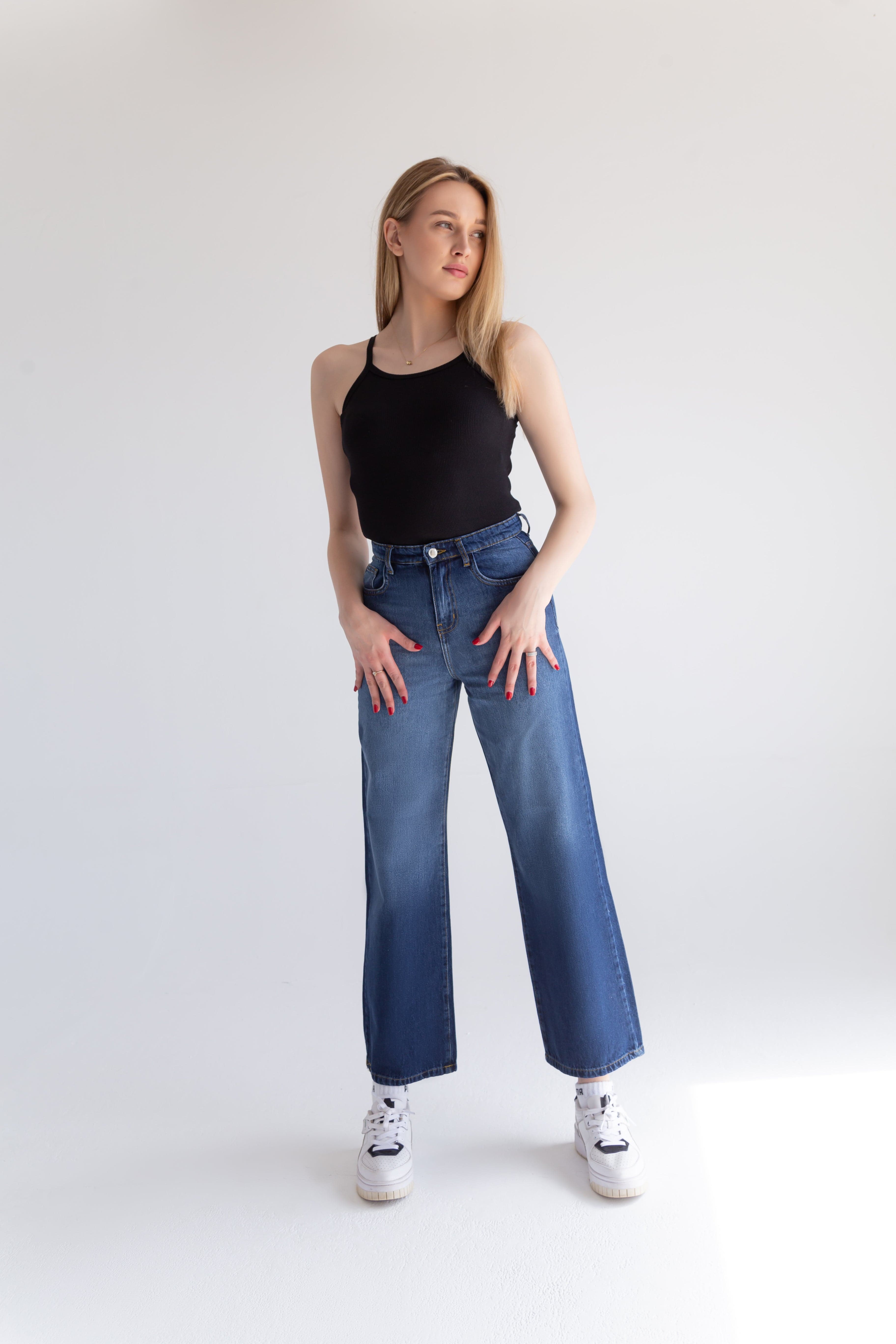 High-Waist Dark Wash Wide Leg Jeans - Lioroucci