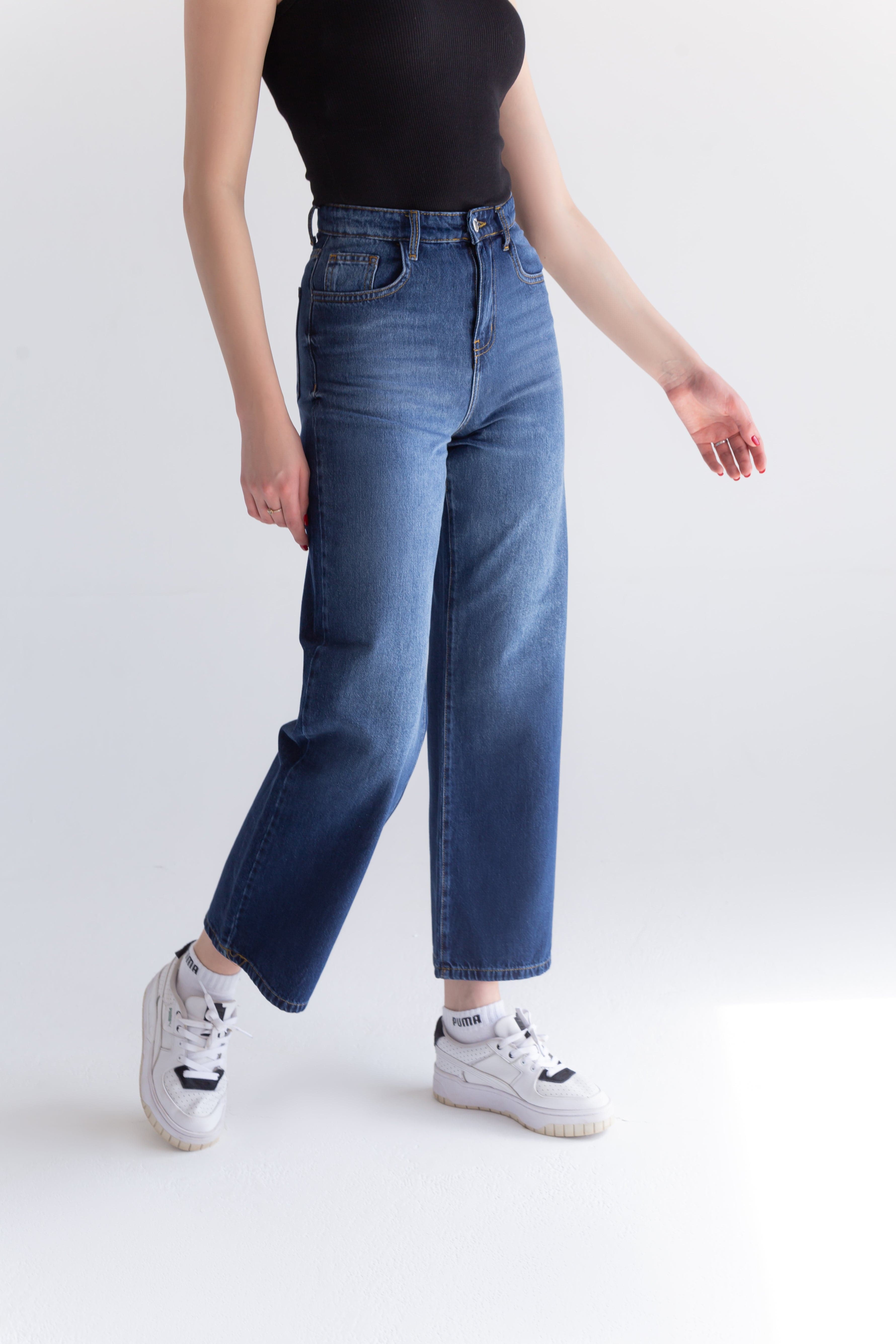 High-Waist Dark Wash Wide Leg Jeans - Lioroucci