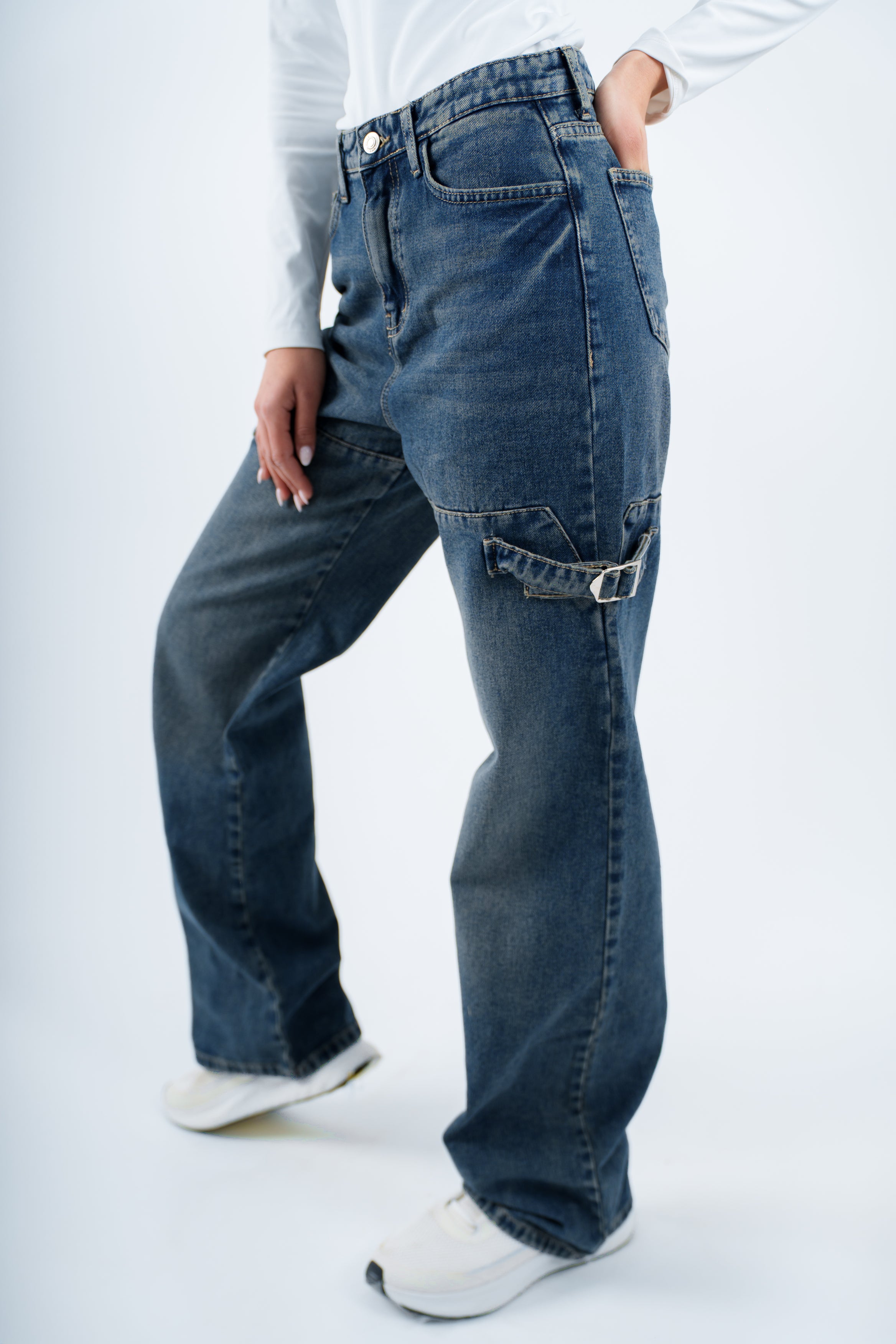 High-Waist Dirty Wash Straight Leg Jeans