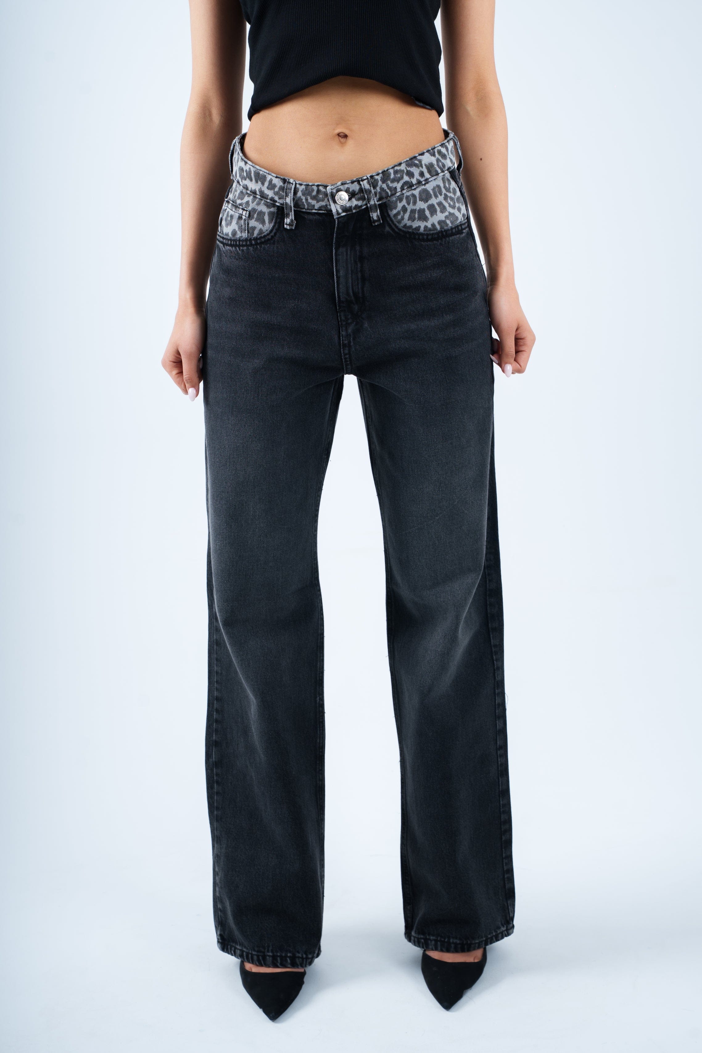High-Waist Leopard Dark Grey Straight Leg Jeans