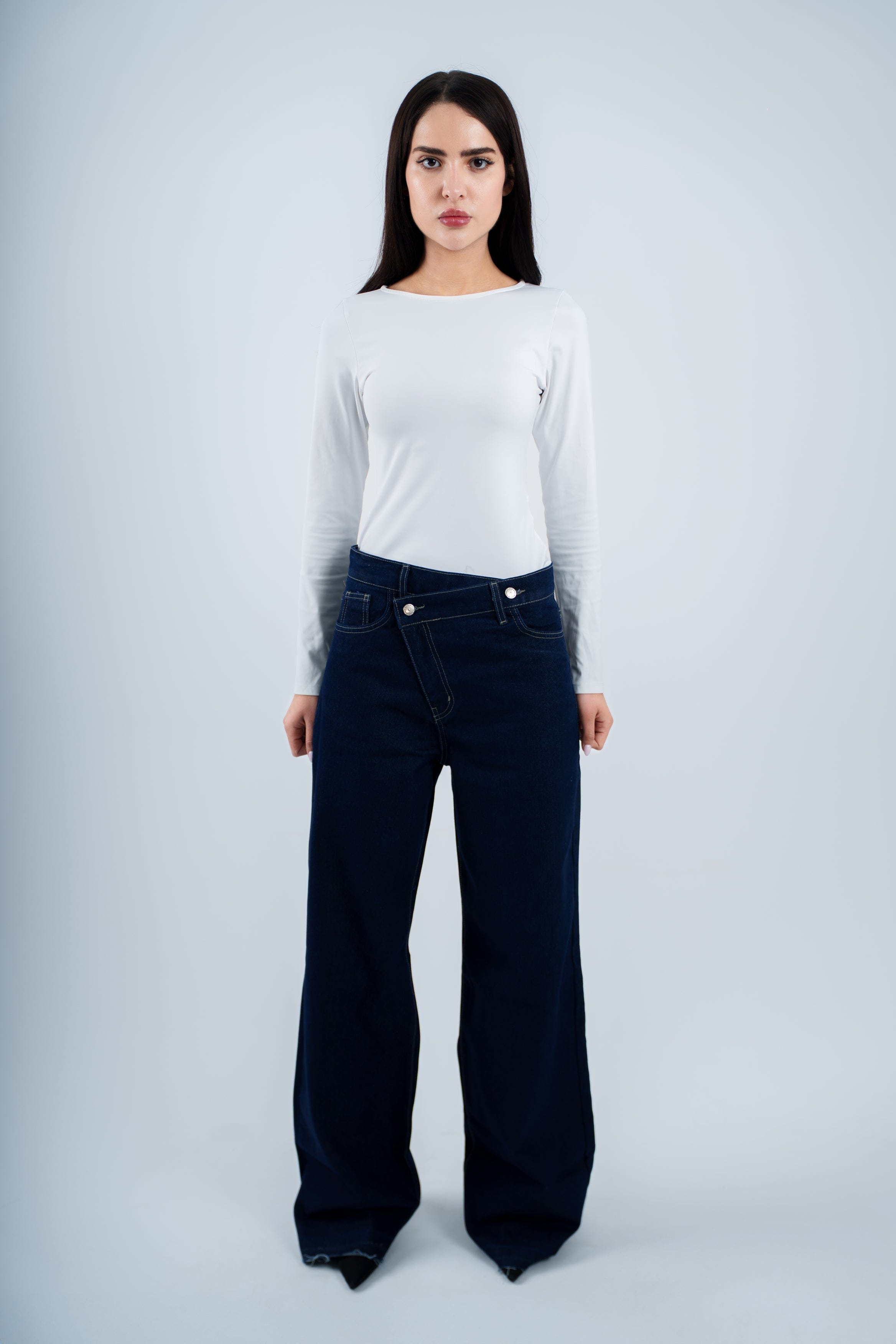 High-Waist Indigo Cross Wide Leg Jeans