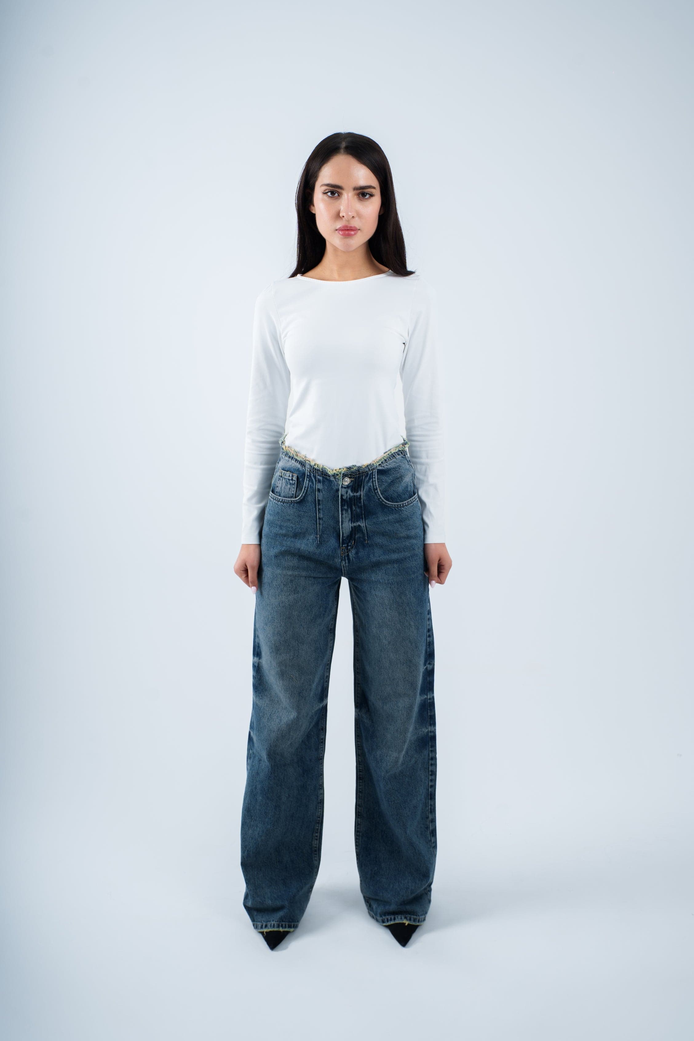 No Waist Jeans Dirty Wash Wide Leg