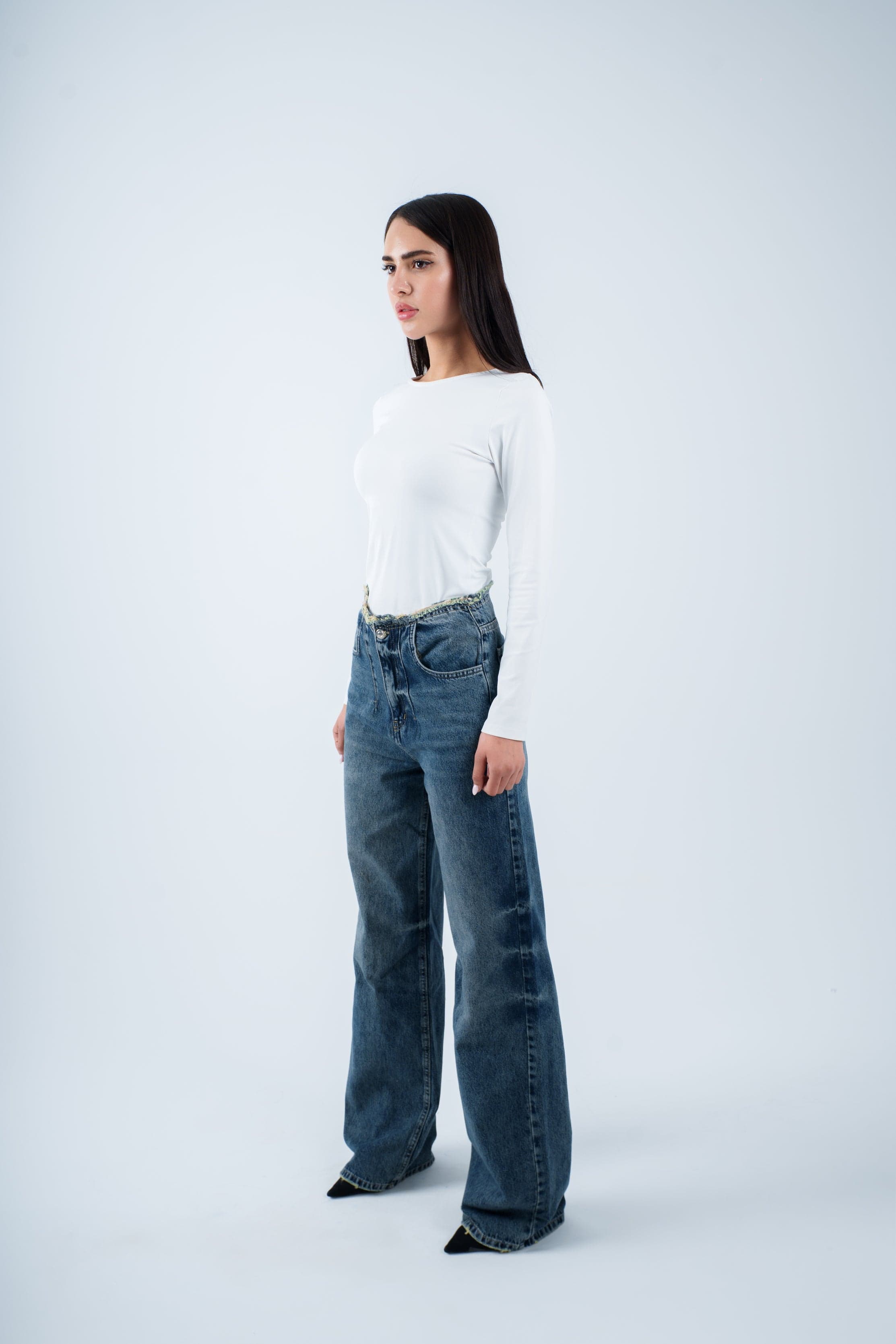 No Waist Jeans Dirty Wash Wide Leg