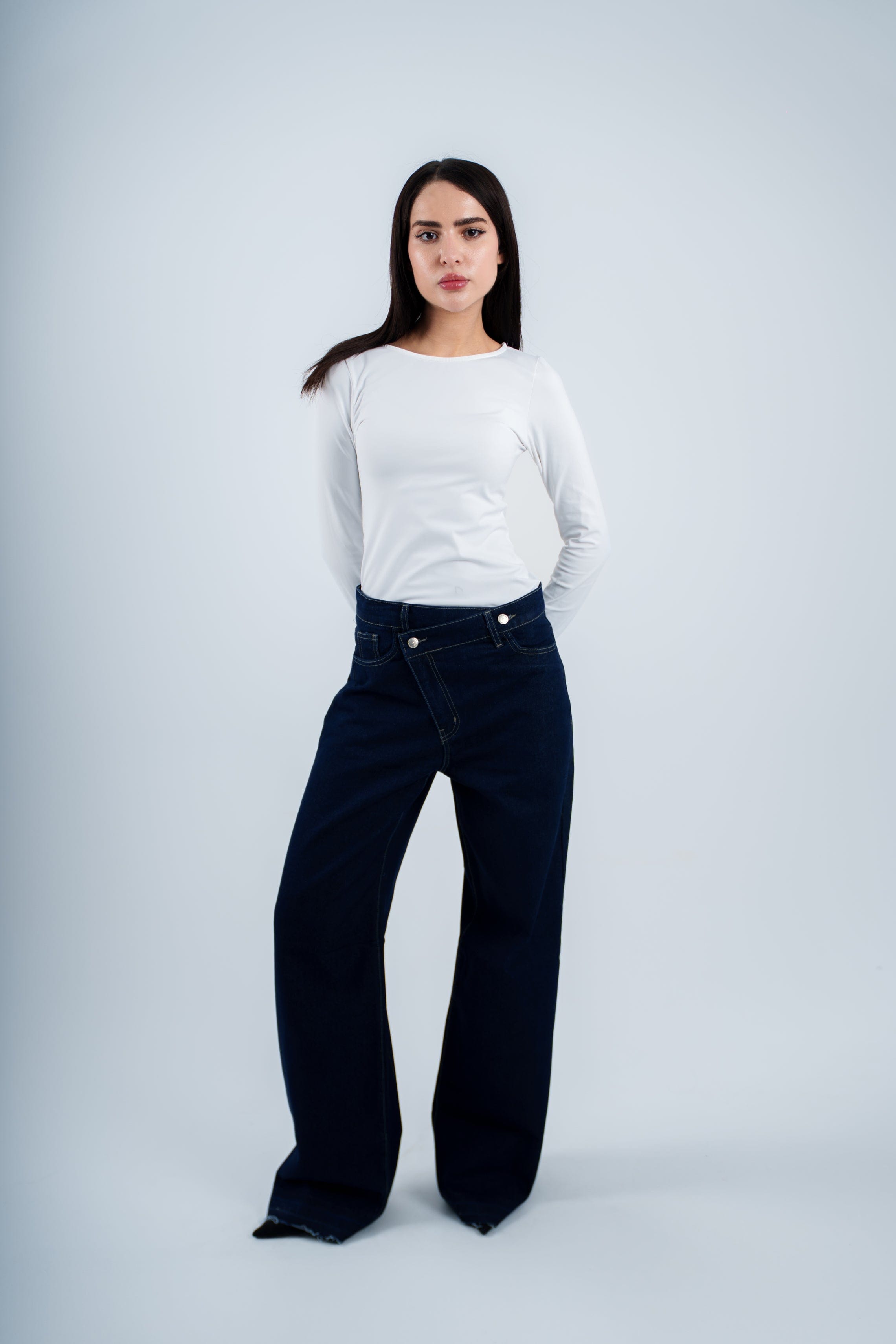 High-Waist Indigo Cross Wide Leg Jeans