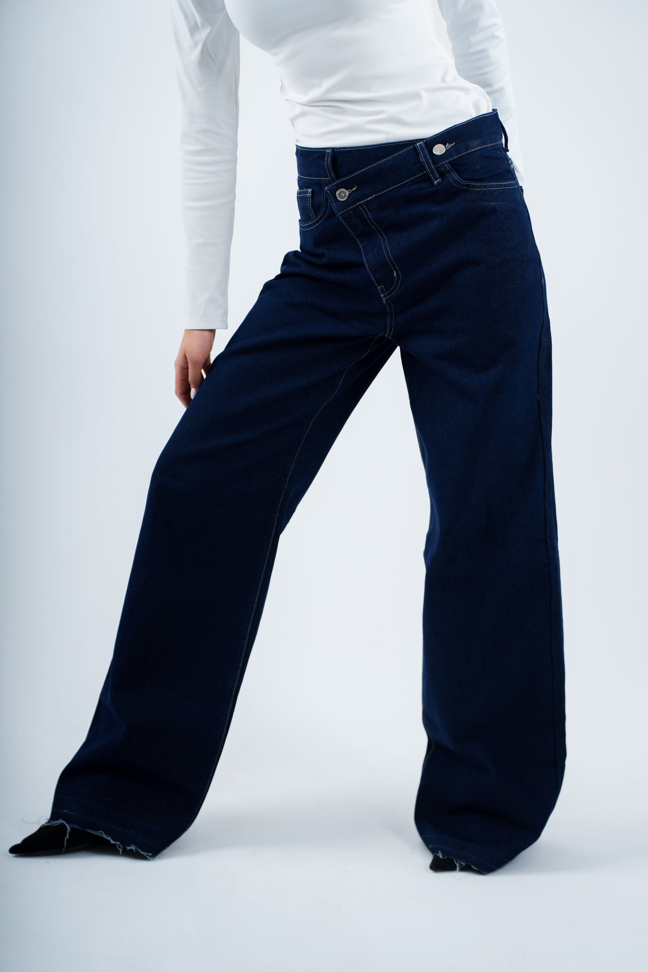 High-Waist Indigo Cross Wide Leg Jeans