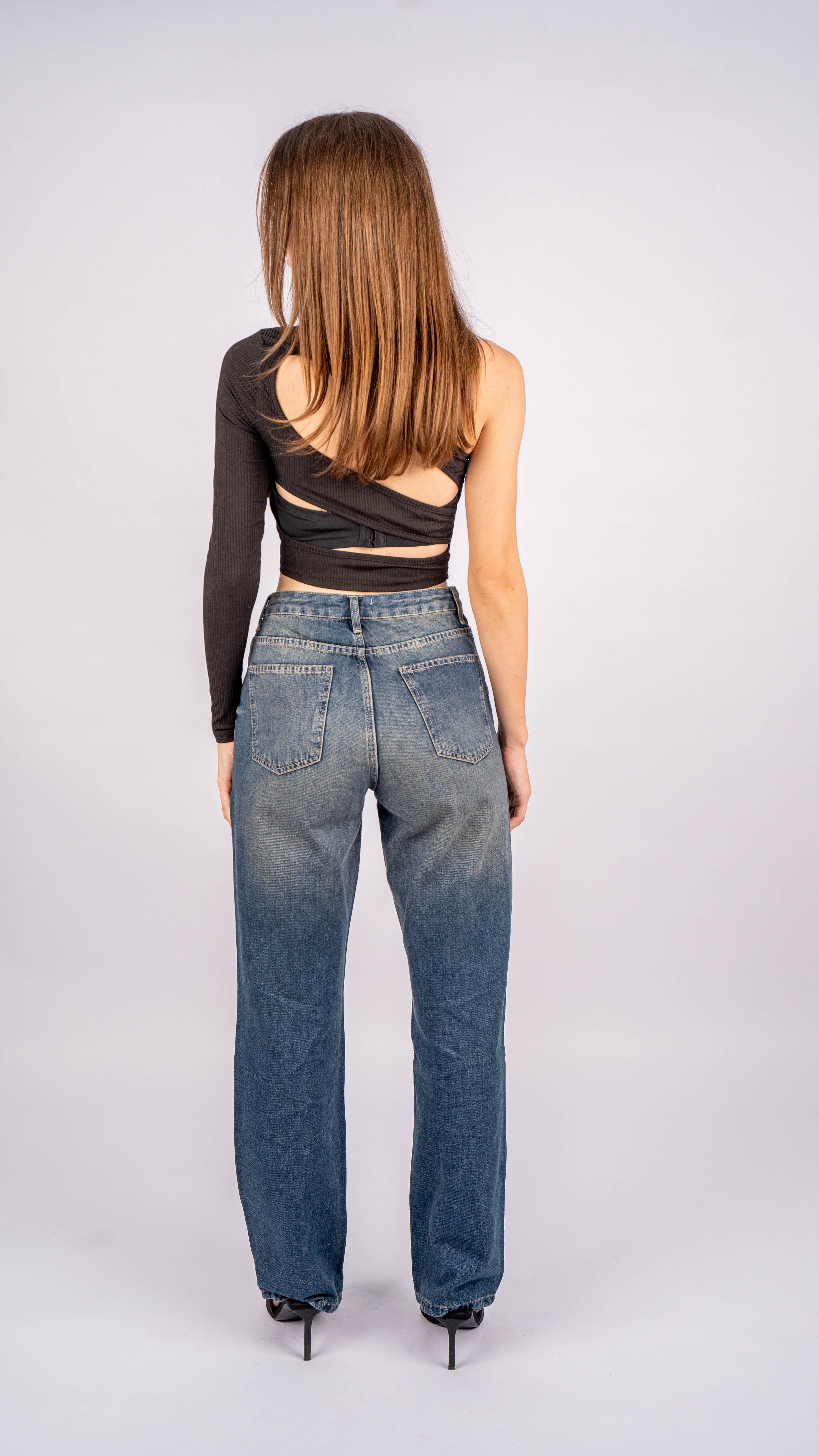 High-Waist Dirty Cross Belt Straight Leg Jeans