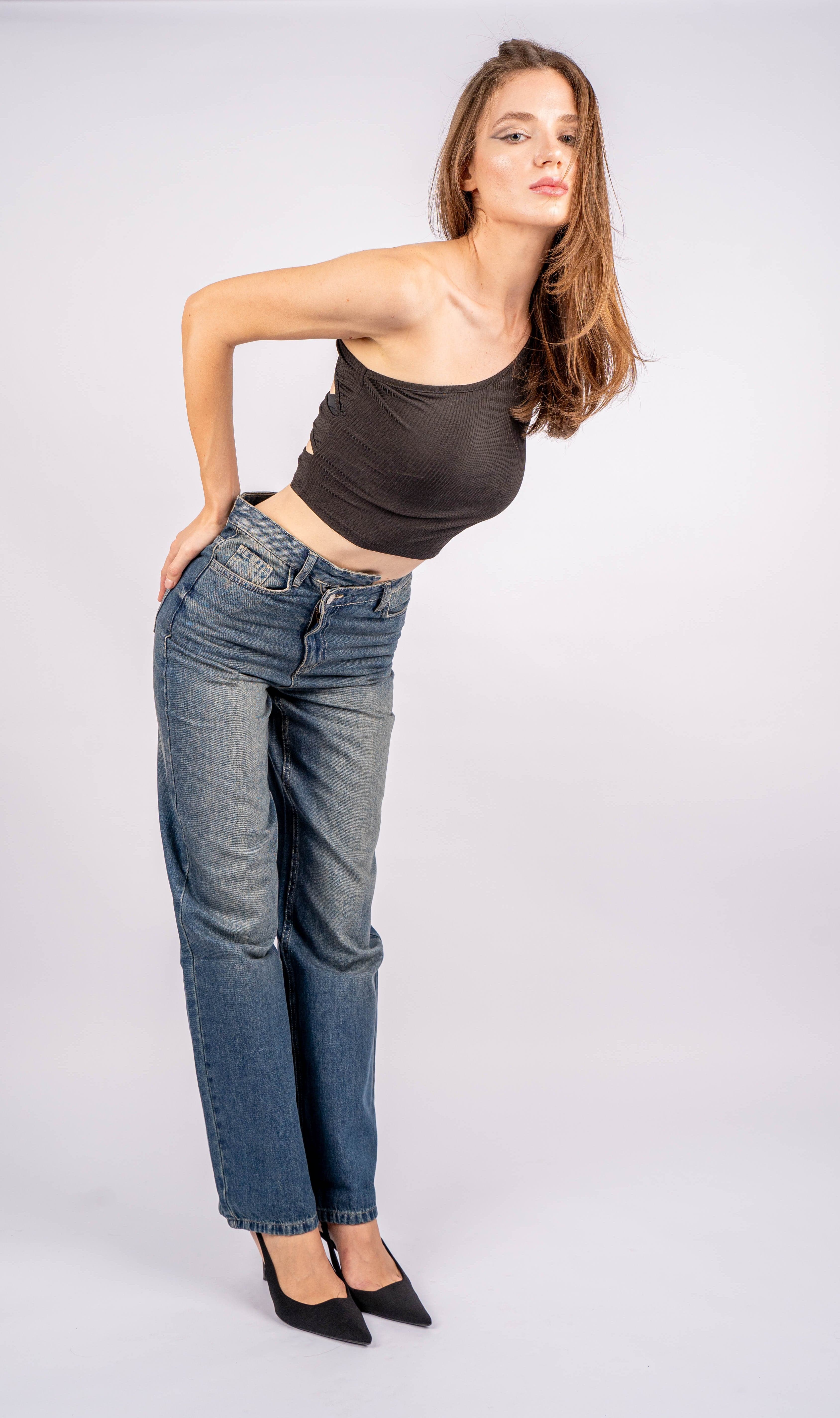 High-Waist Dirty Cross Belt Straight Leg Jeans