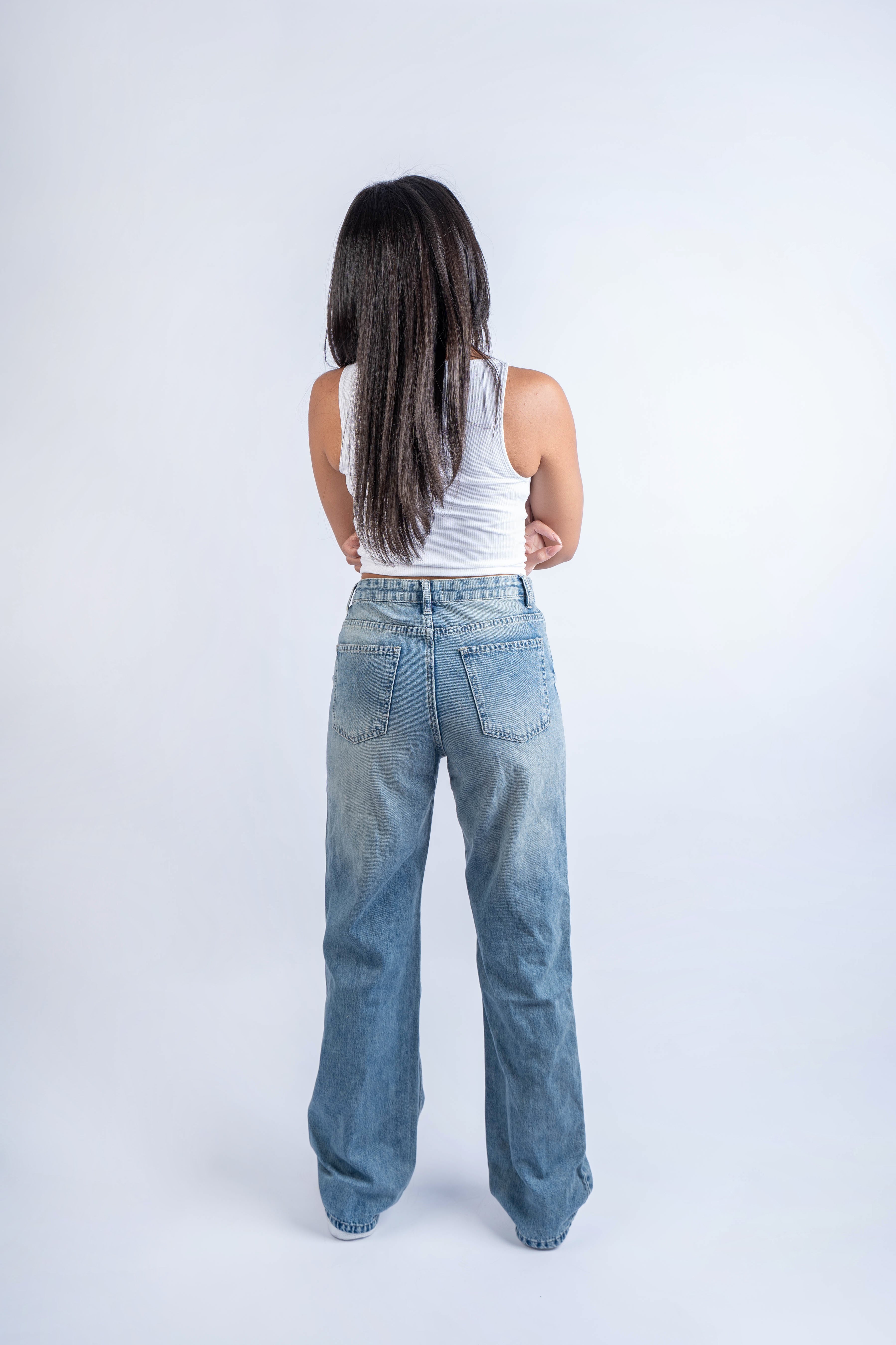 High-Waist Dirty Cross Belt Acid Blue Straight Leg Jeans