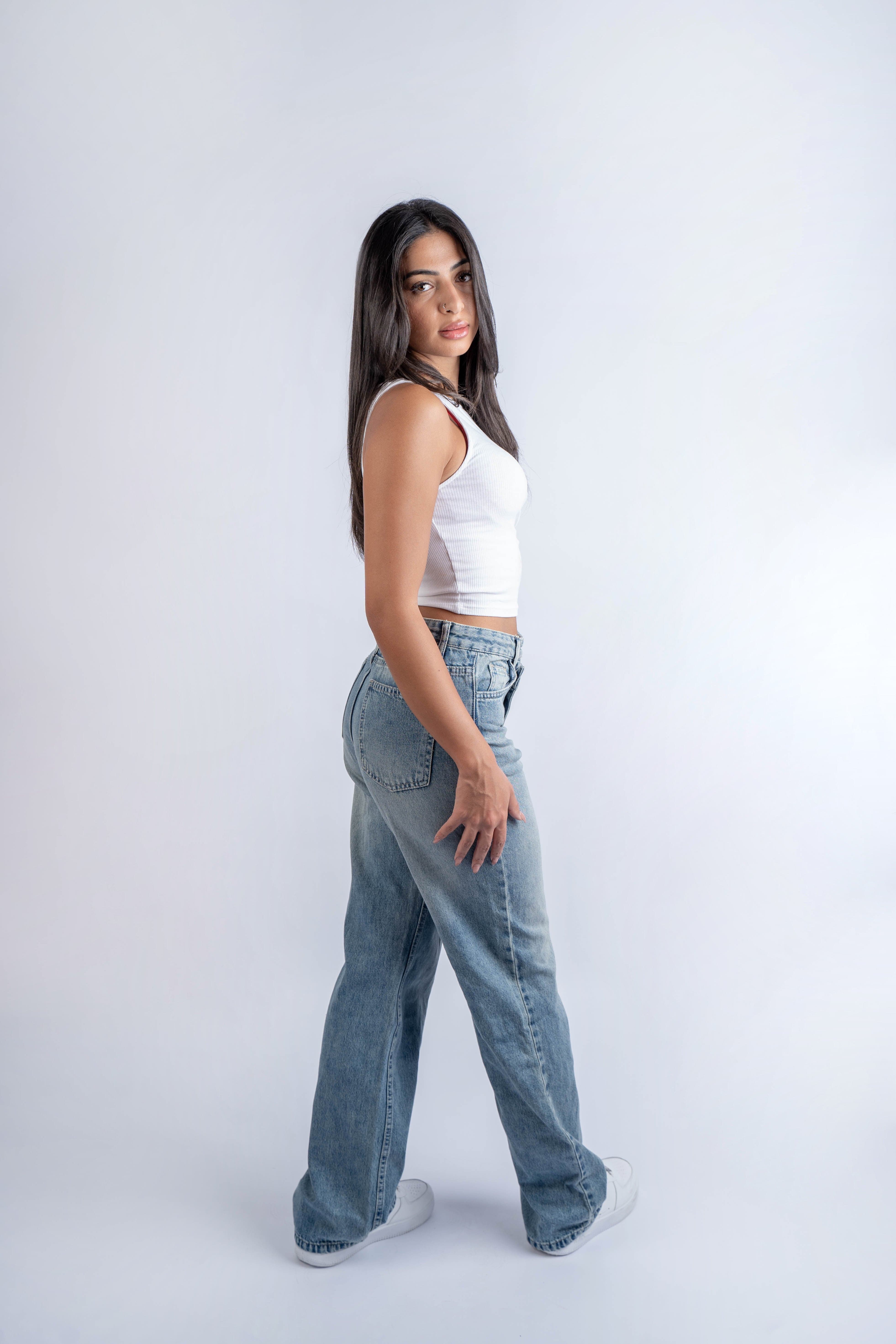 High-Waist Dirty Cross Belt Acid Blue Straight Leg Jeans