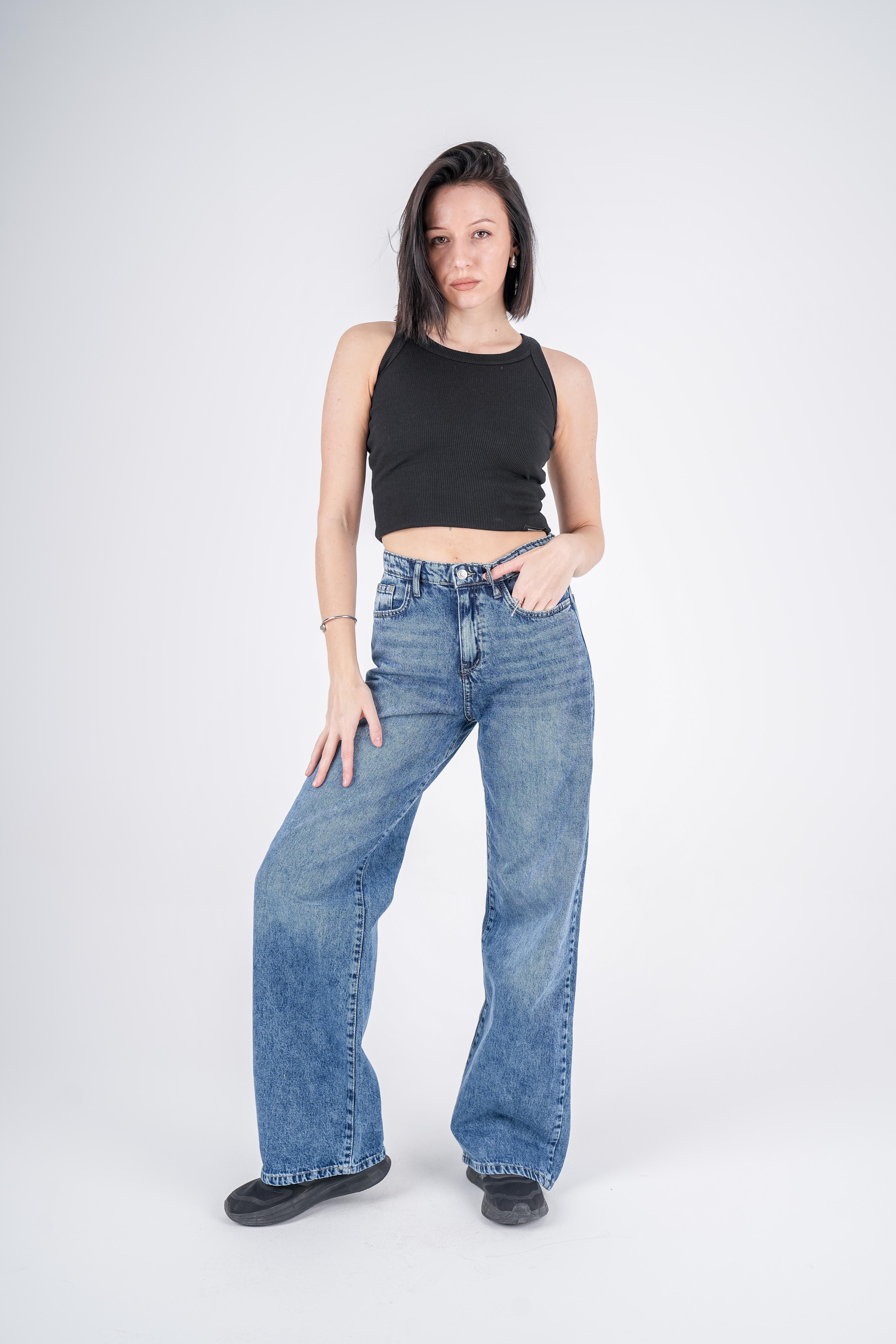 High-Waist Medium Wash Wide Leg Jeans