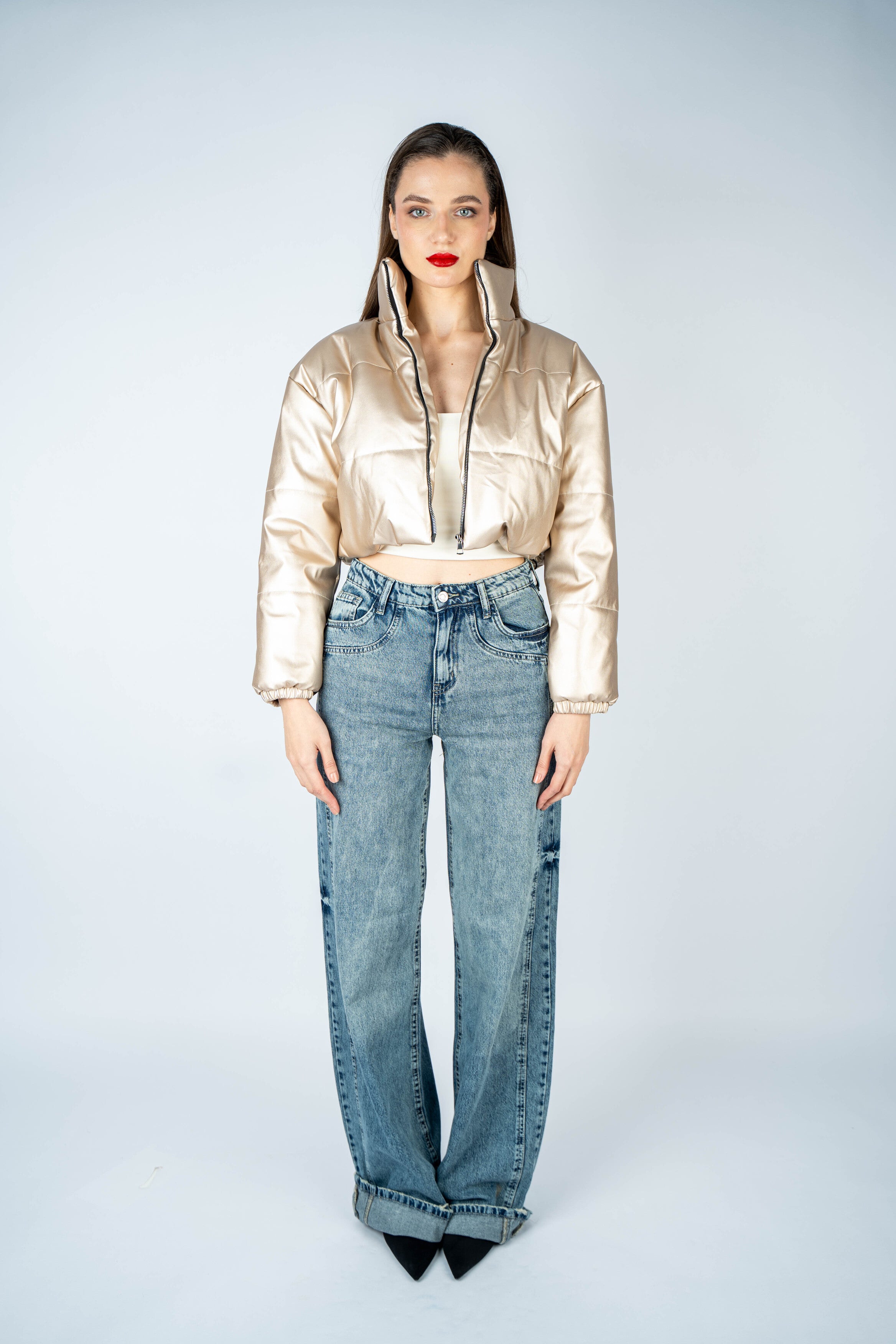 High-Waist Dirty Wash Long Straight Leg Jeans