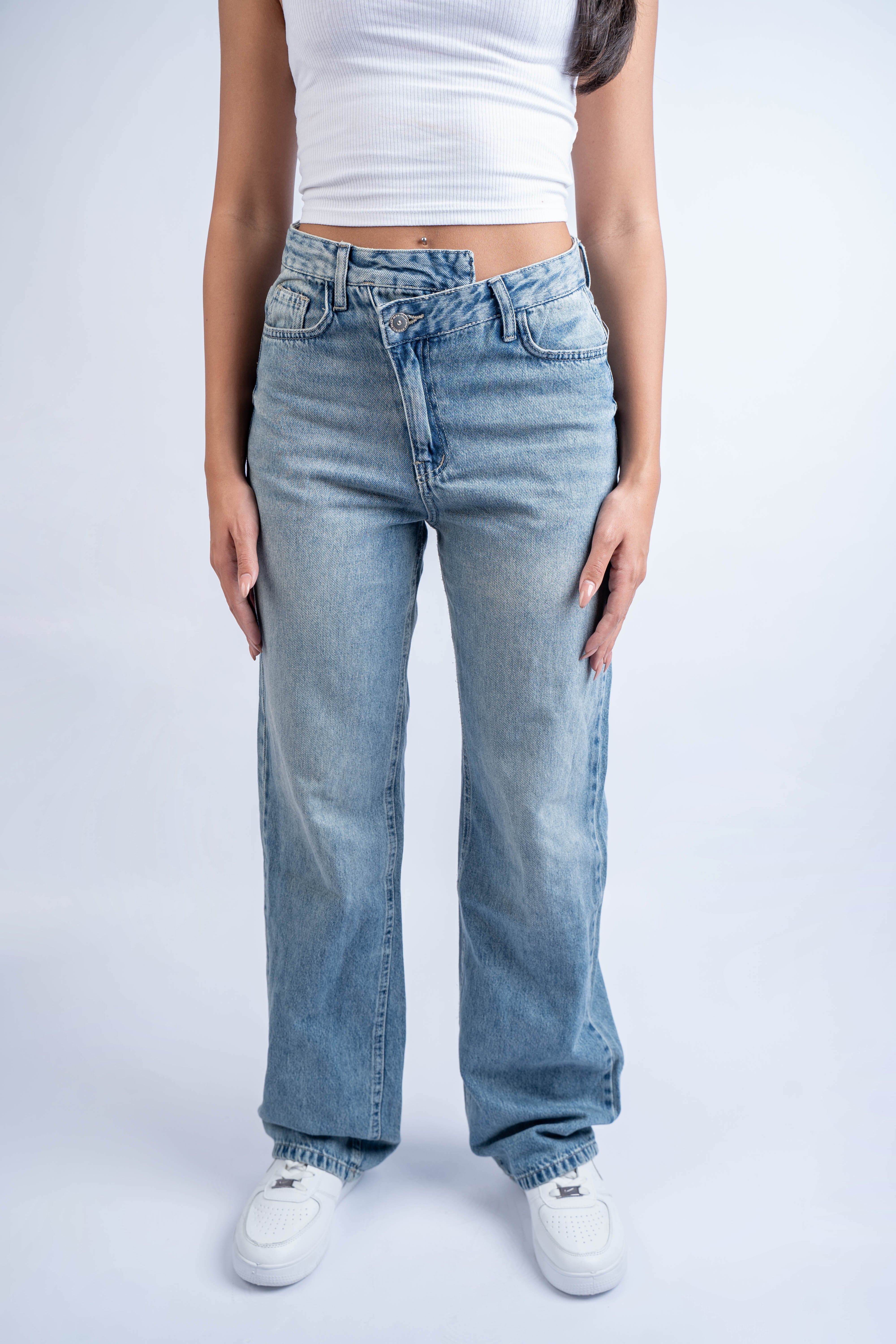 High-Waist Dirty Cross Belt Acid Blue Straight Leg Jeans