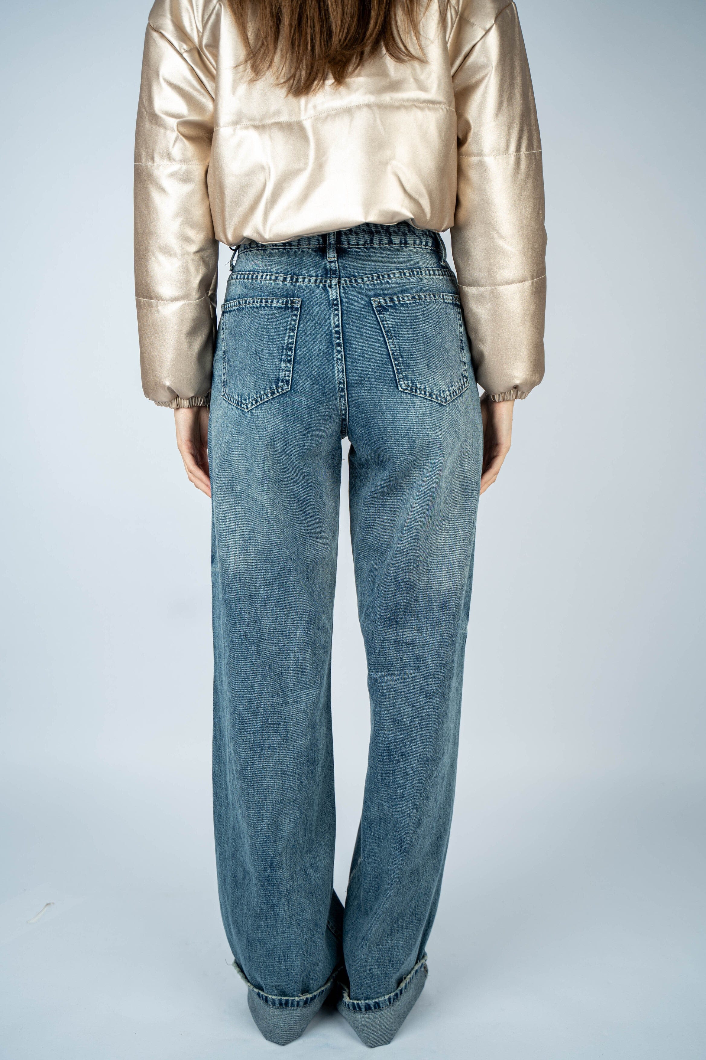 High-Waist Dirty Wash Long Straight Leg Jeans