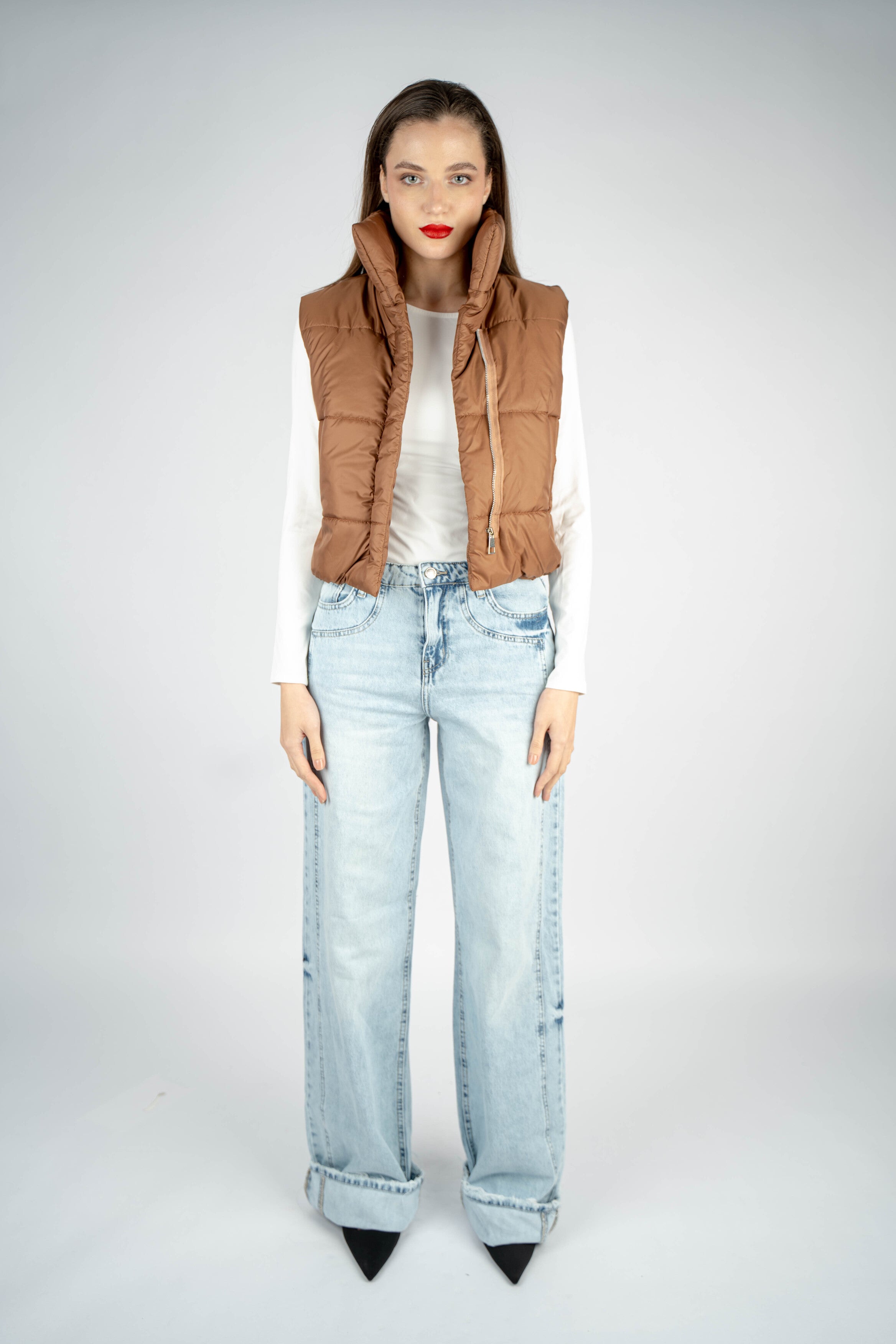 High-Waist Light Wash Long Straight Leg Jeans