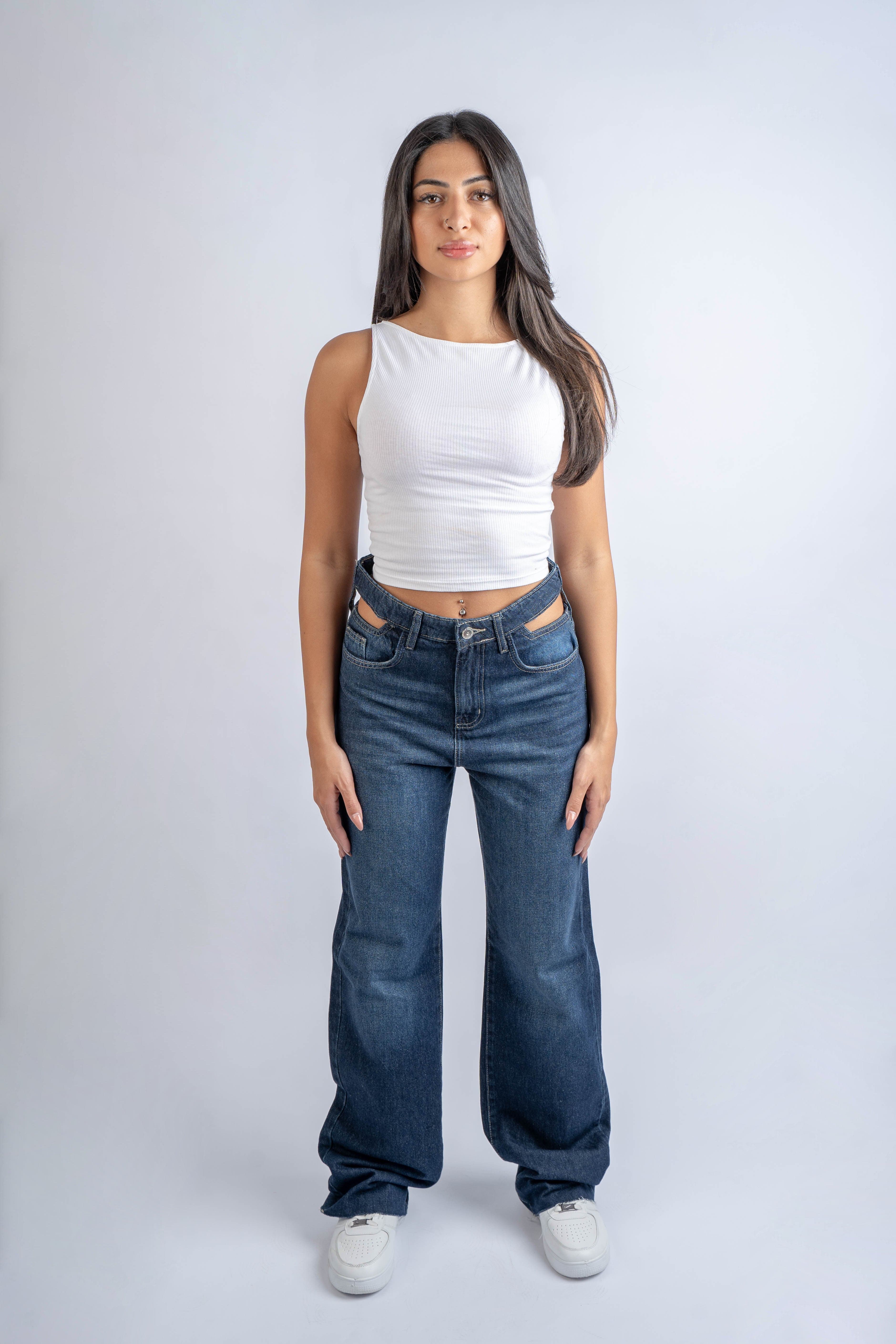 Double-Waist Dark Wash Straight Leg Jeans