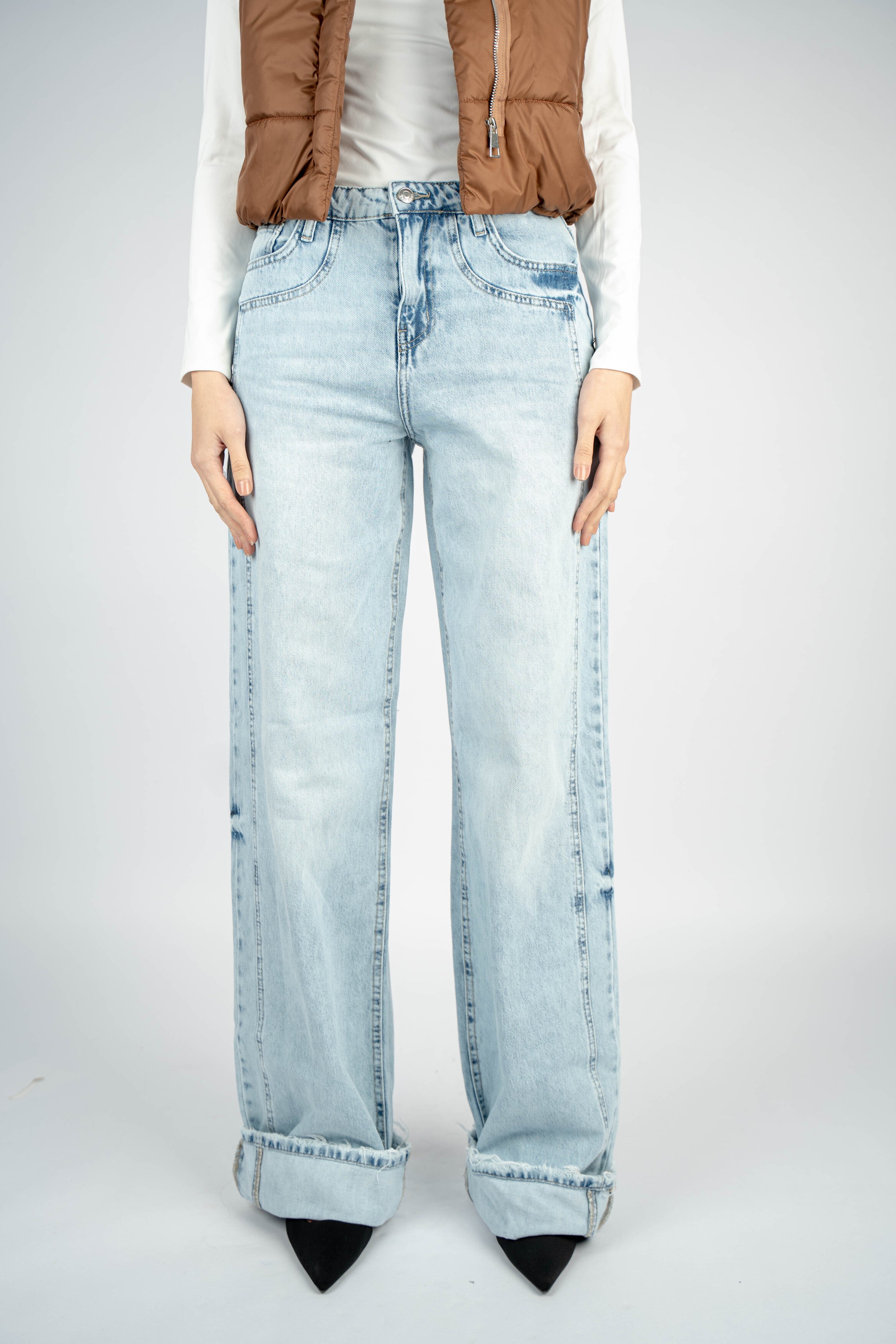 High-Waist Light Wash Long Straight Leg Jeans