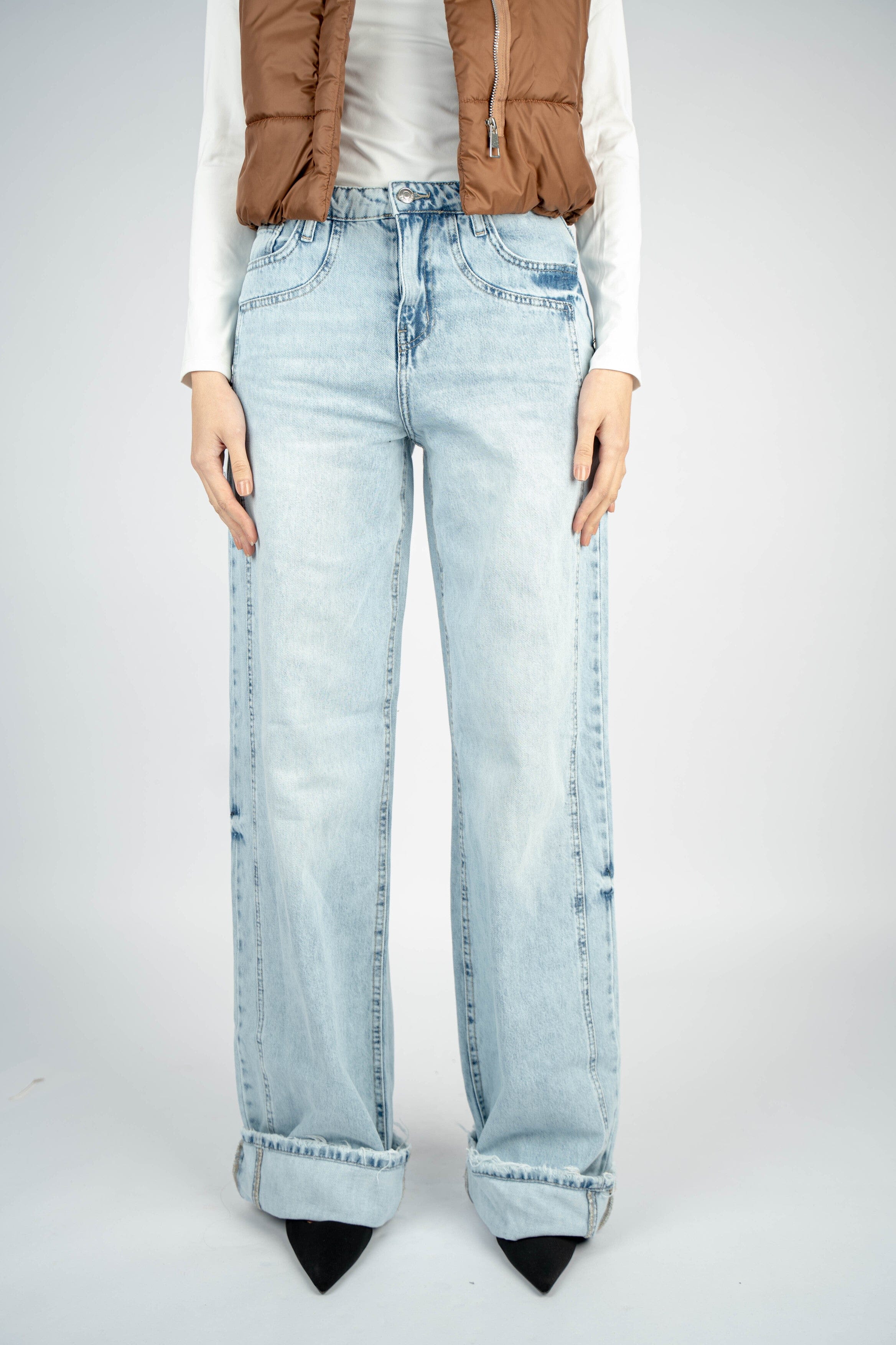 High-Waist Light Wash Long Straight Leg Jeans