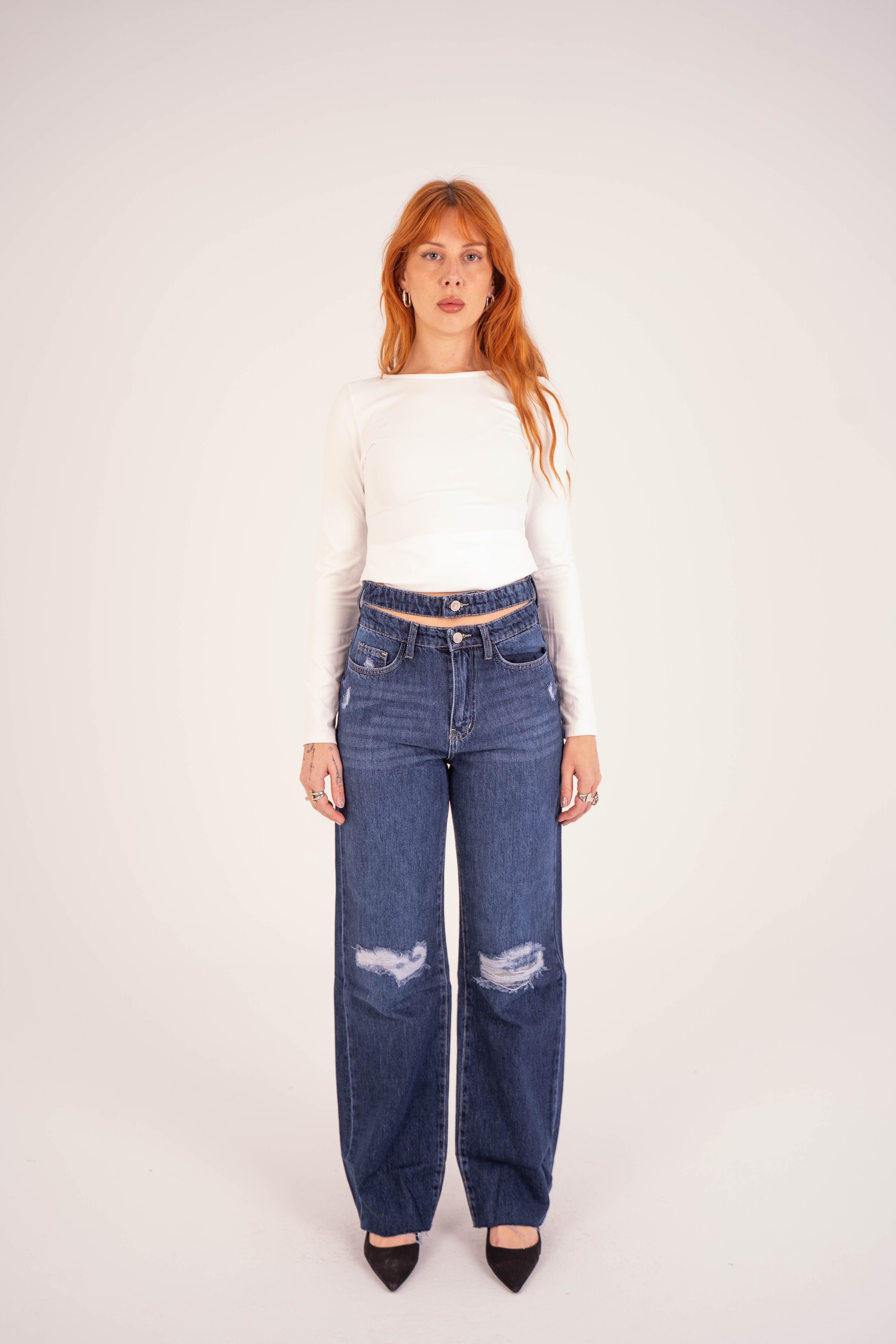 Double-Waist Dark Wash Ripped Straight Leg Jeans