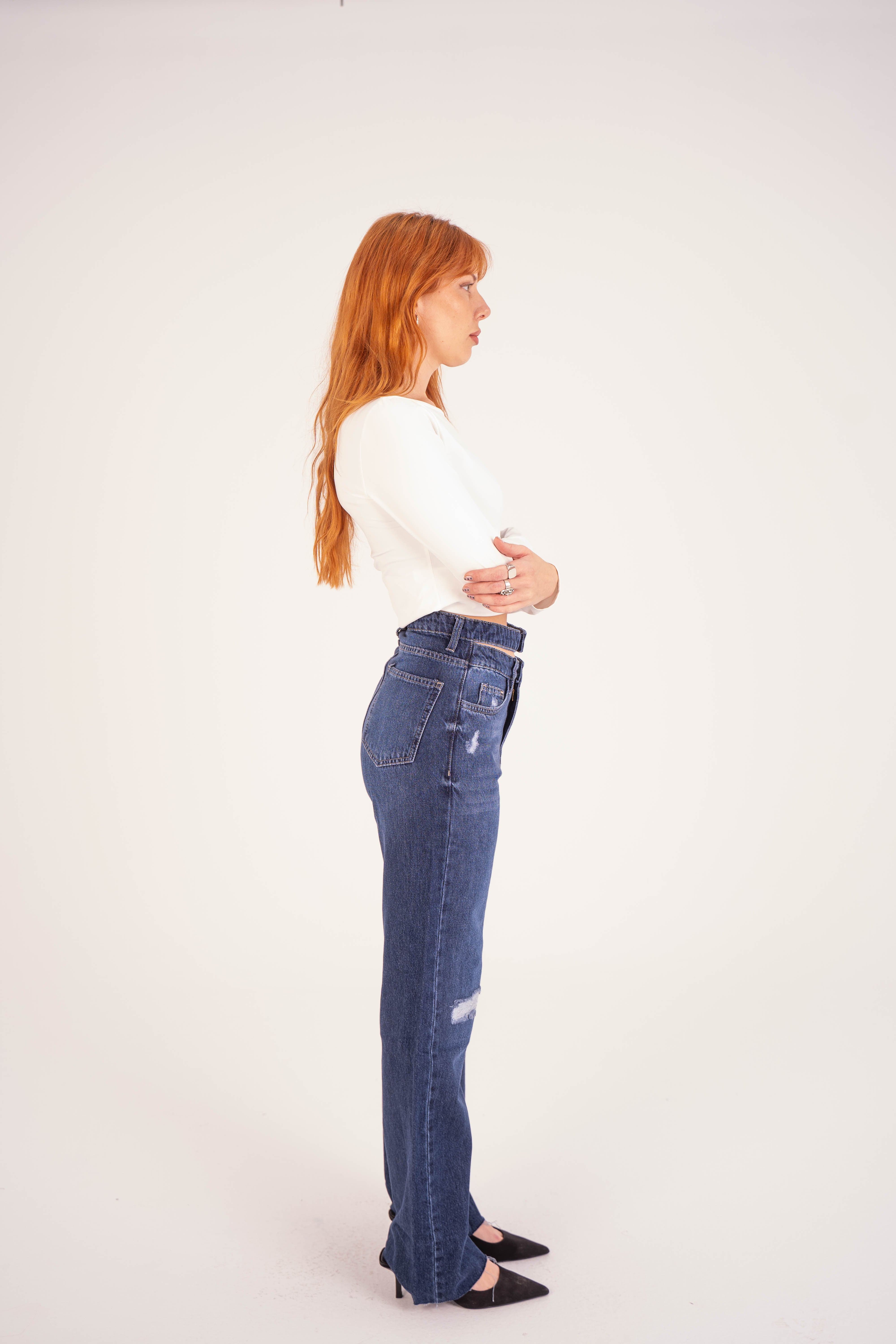 Double-Waist Dark Wash Ripped Straight Leg Jeans