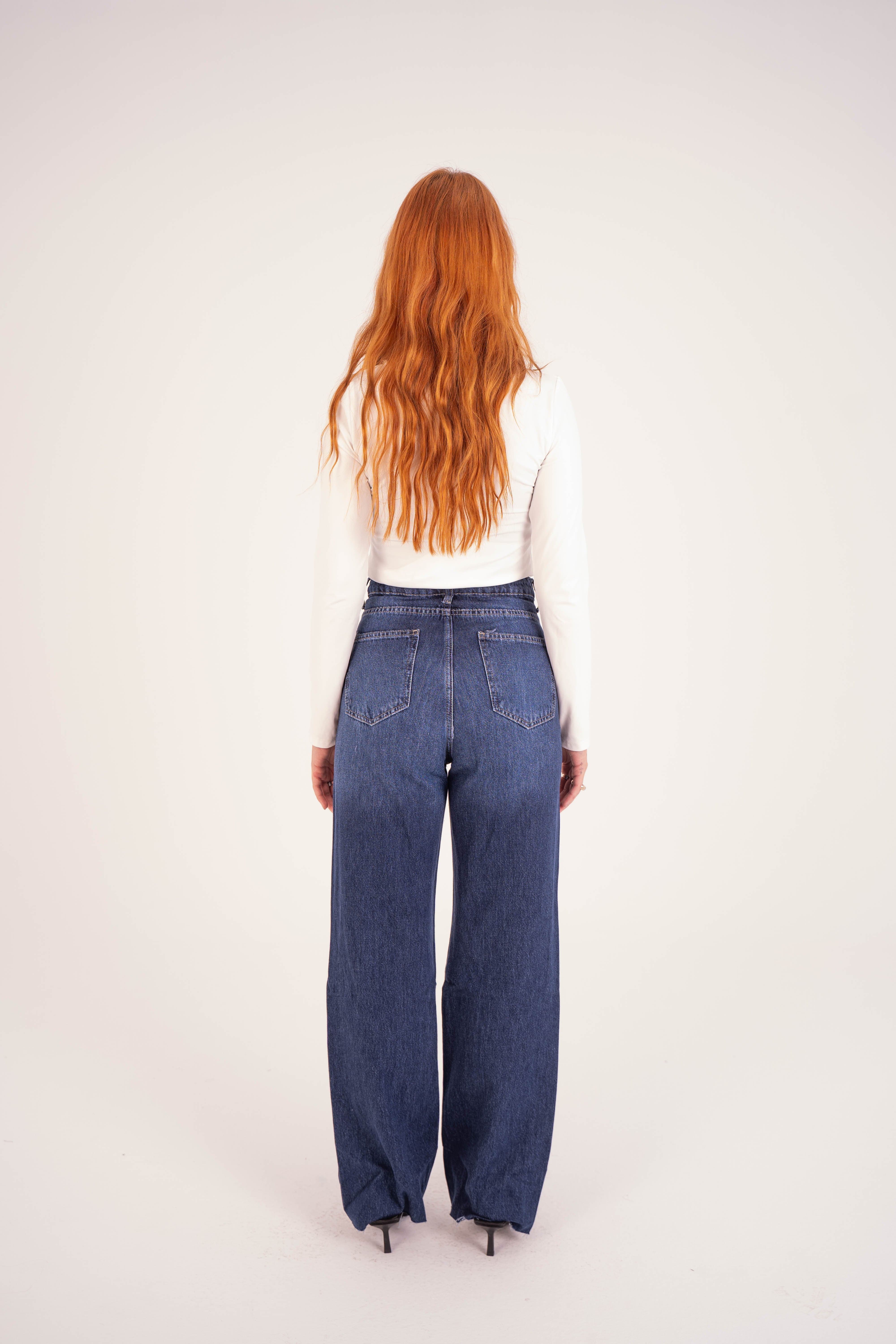 Double-Waist Dark Wash Ripped Straight Leg Jeans