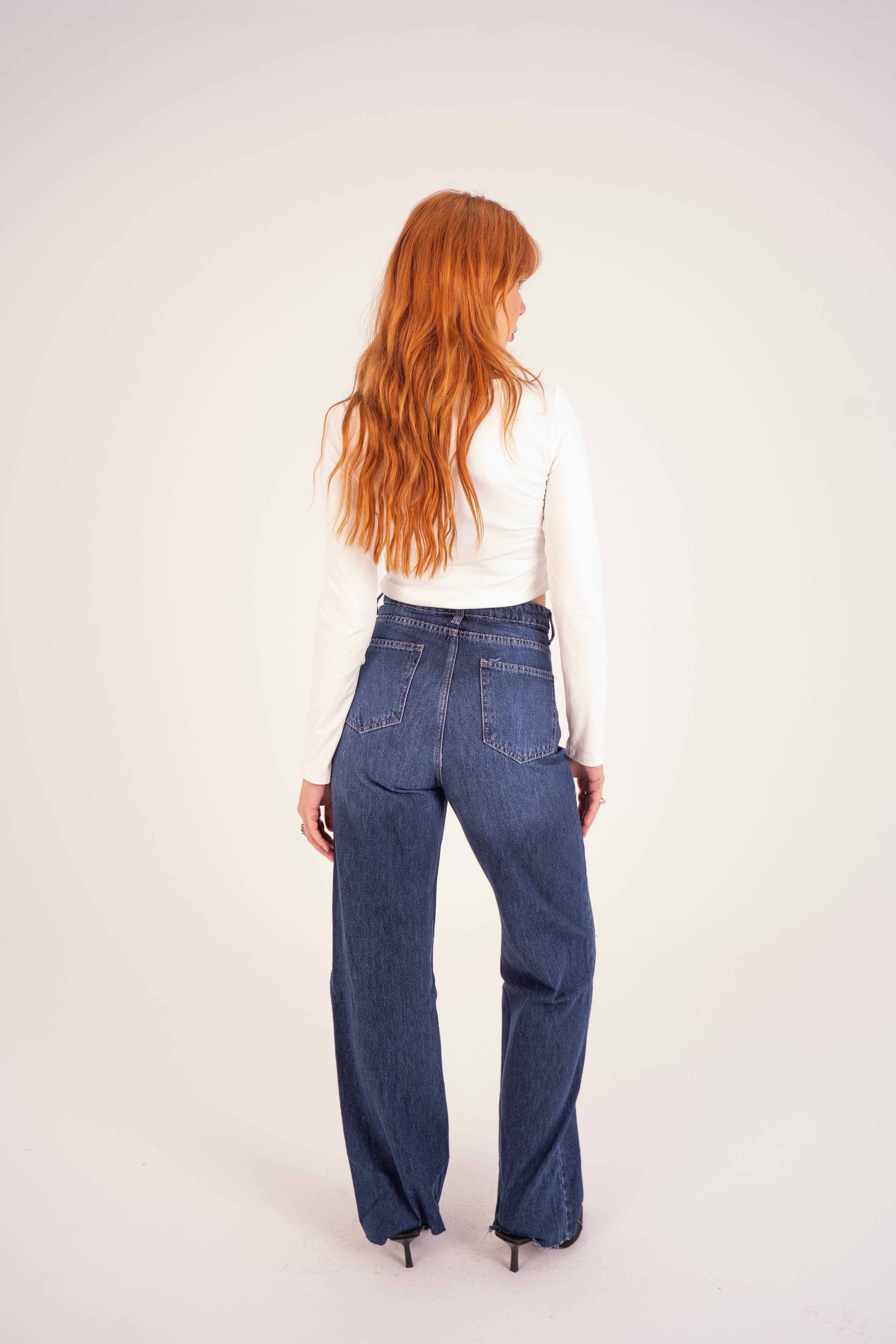 Double-Waist Dark Wash Ripped Straight Leg Jeans