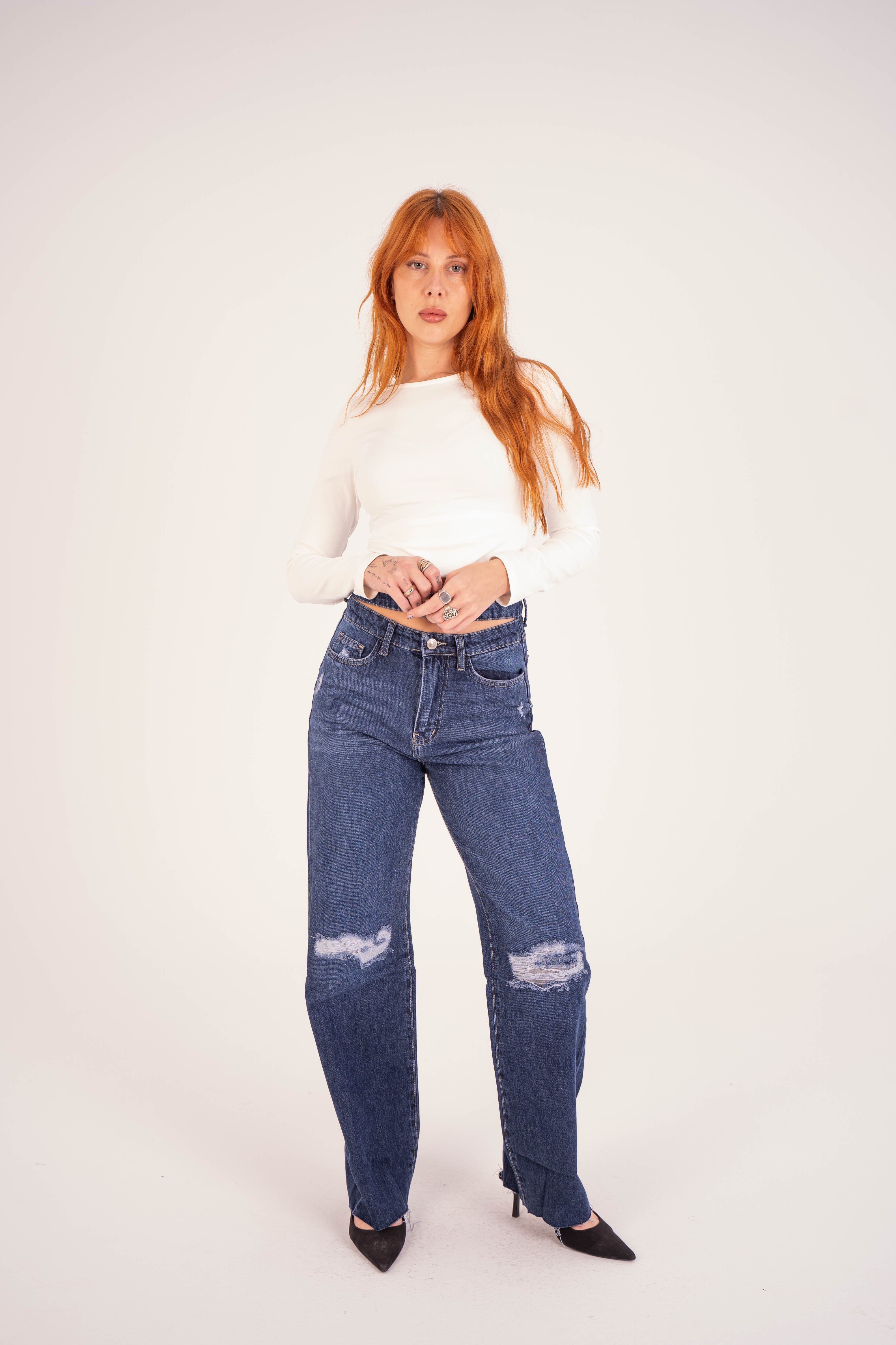 Double-Waist Dark Wash Ripped Straight Leg Jeans