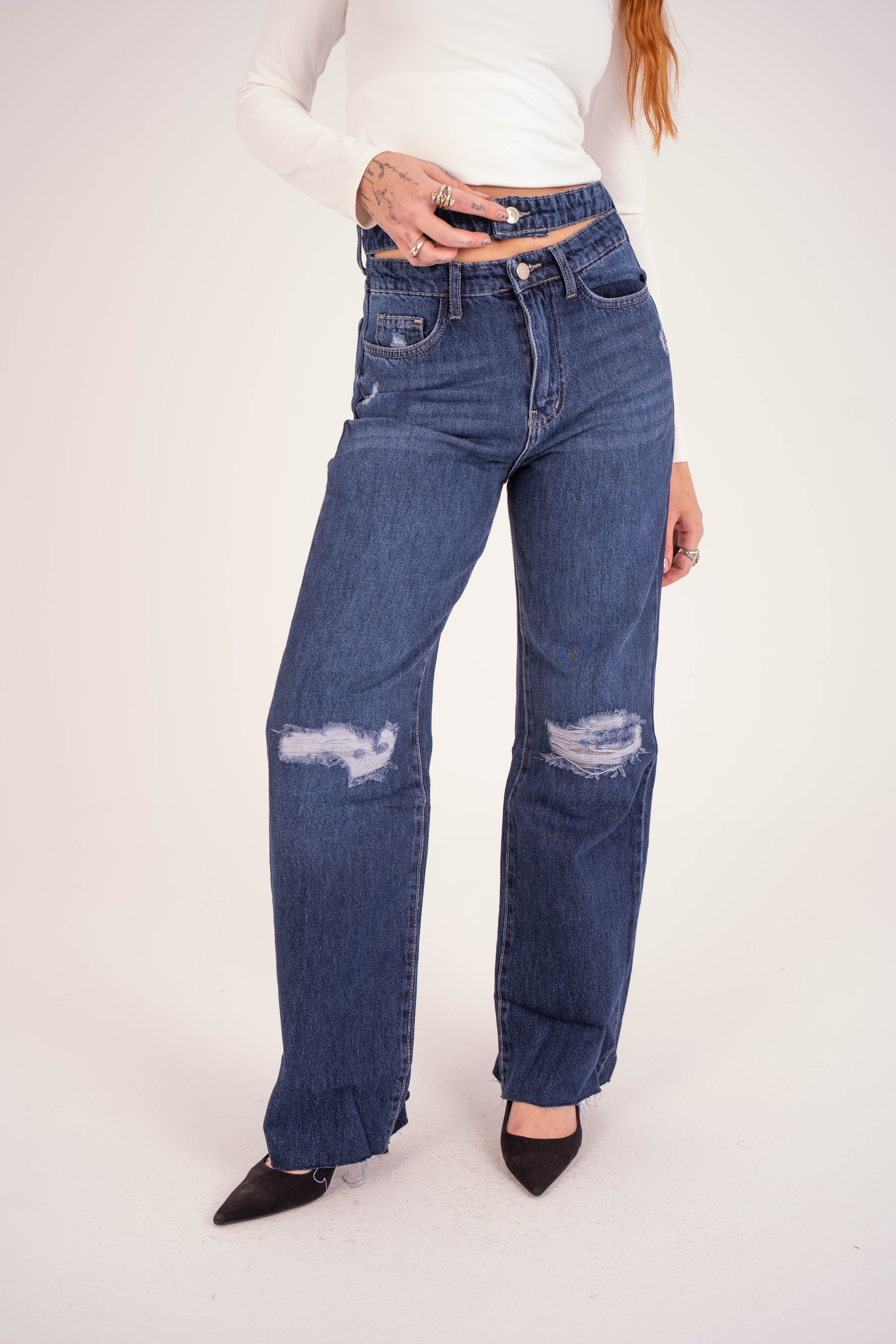 Double-Waist Dark Wash Ripped Straight Leg Jeans