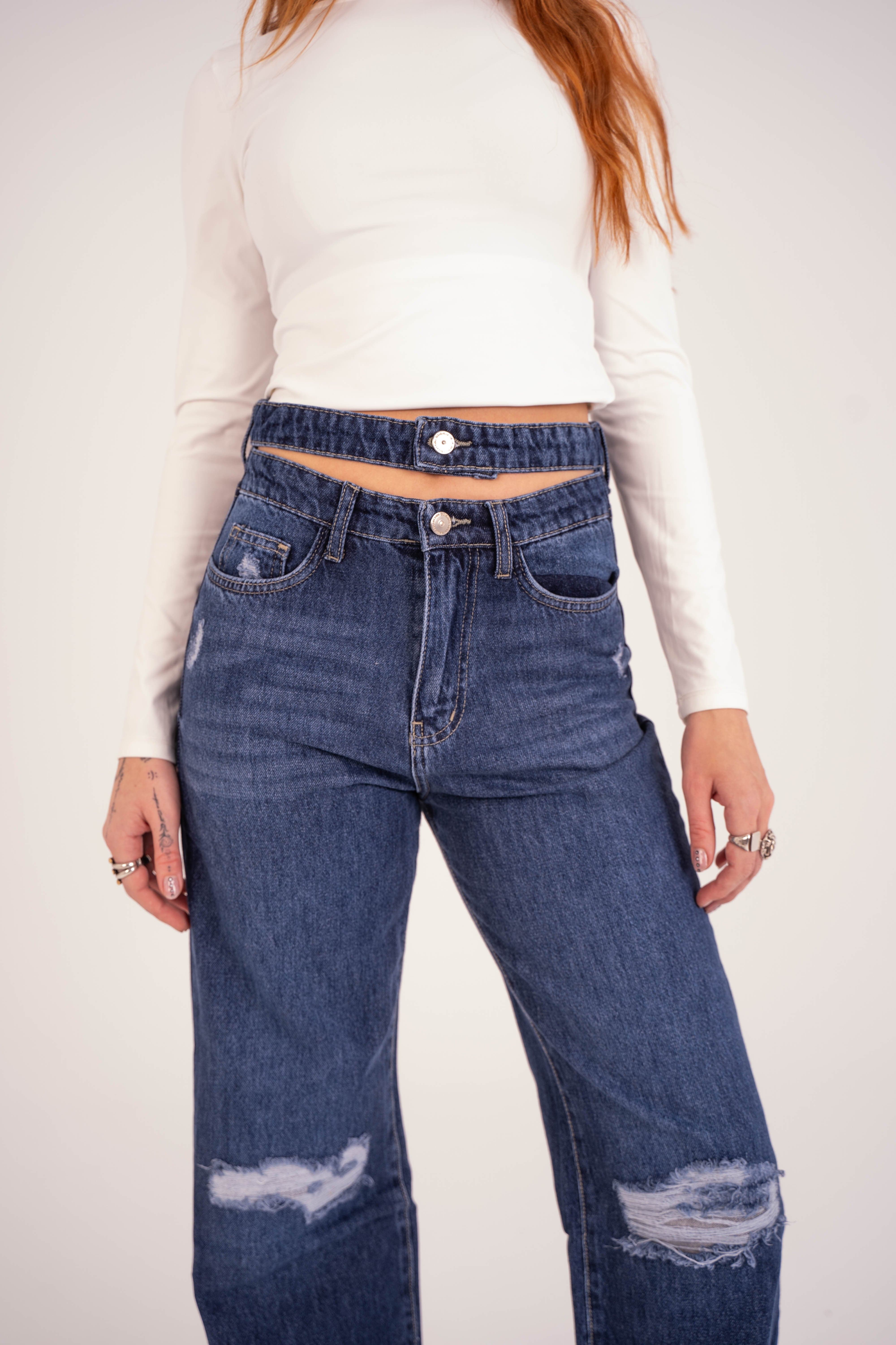 Double-Waist Dark Wash Ripped Straight Leg Jeans