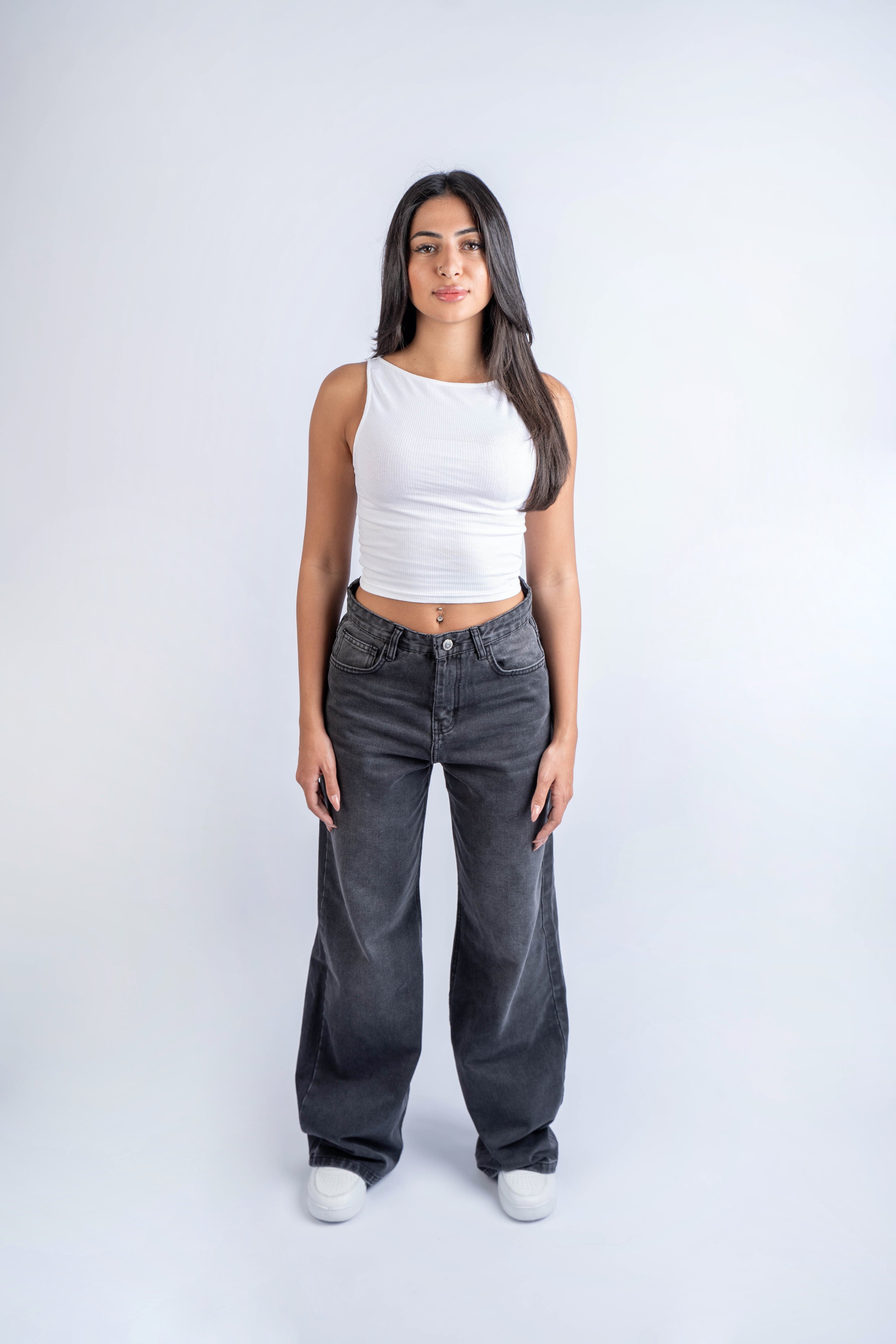 High-Waist Gray Wide Leg Jeans