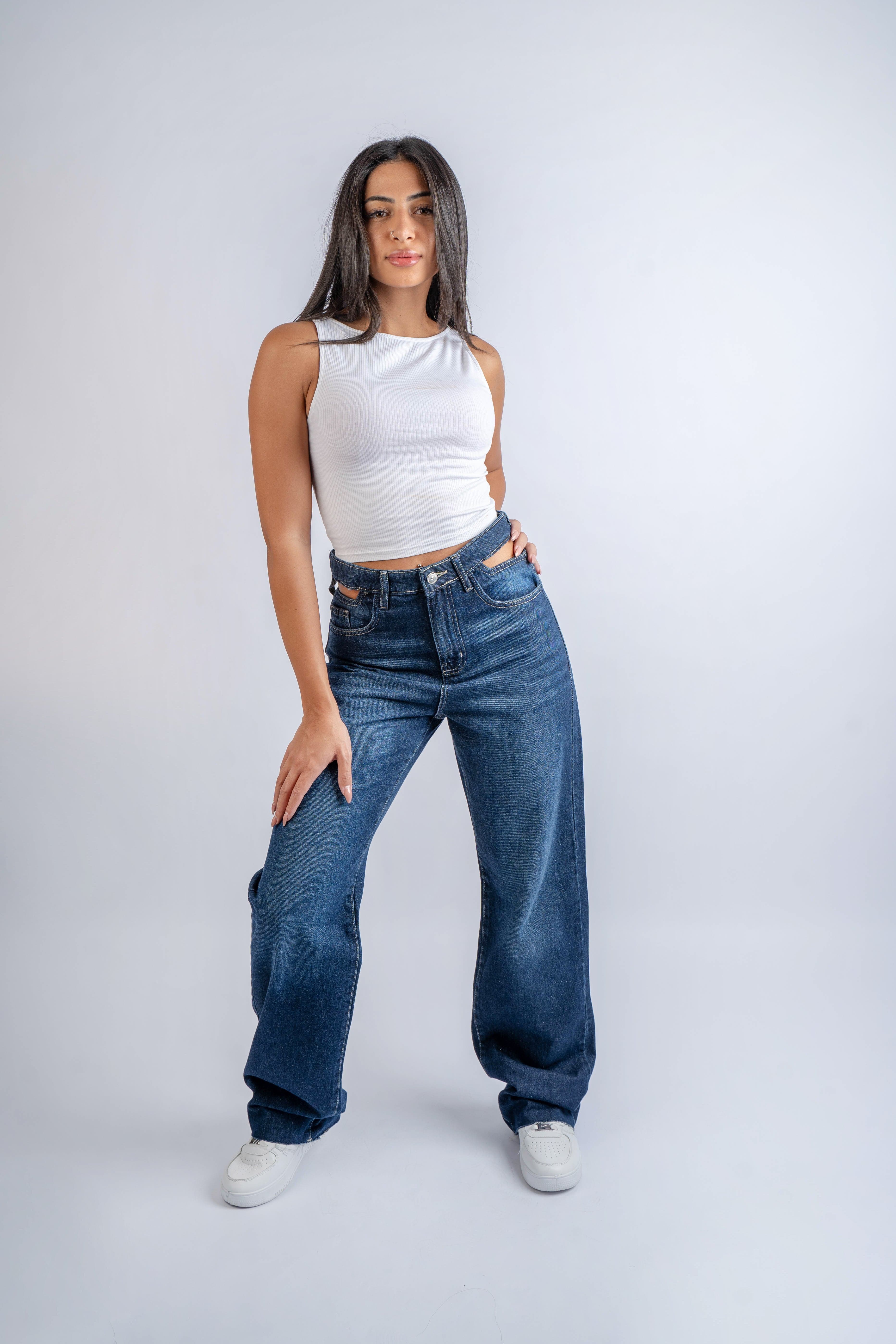 Double-Waist Dark Wash Straight Leg Jeans