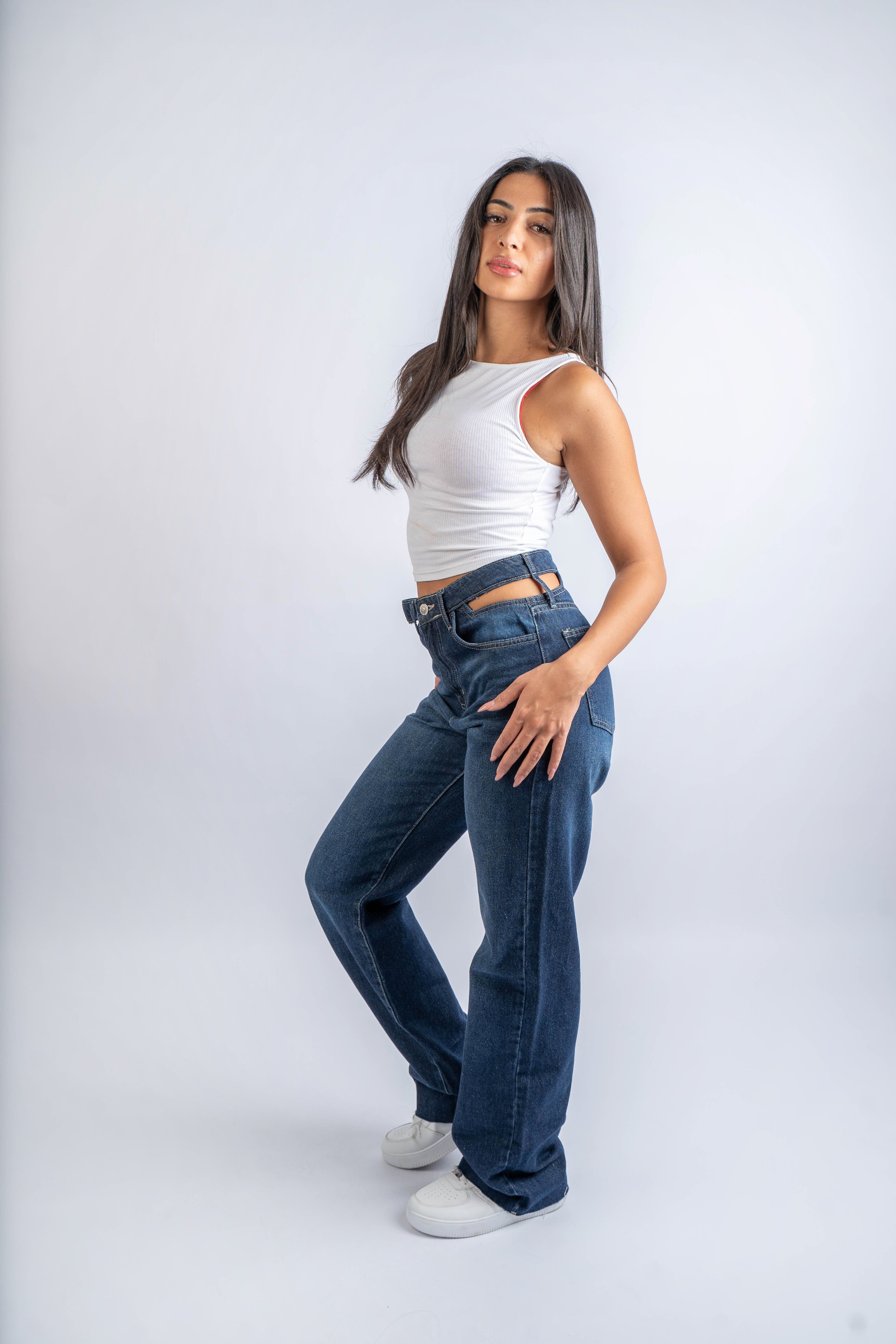 Double-Waist Dark Wash Straight Leg Jeans