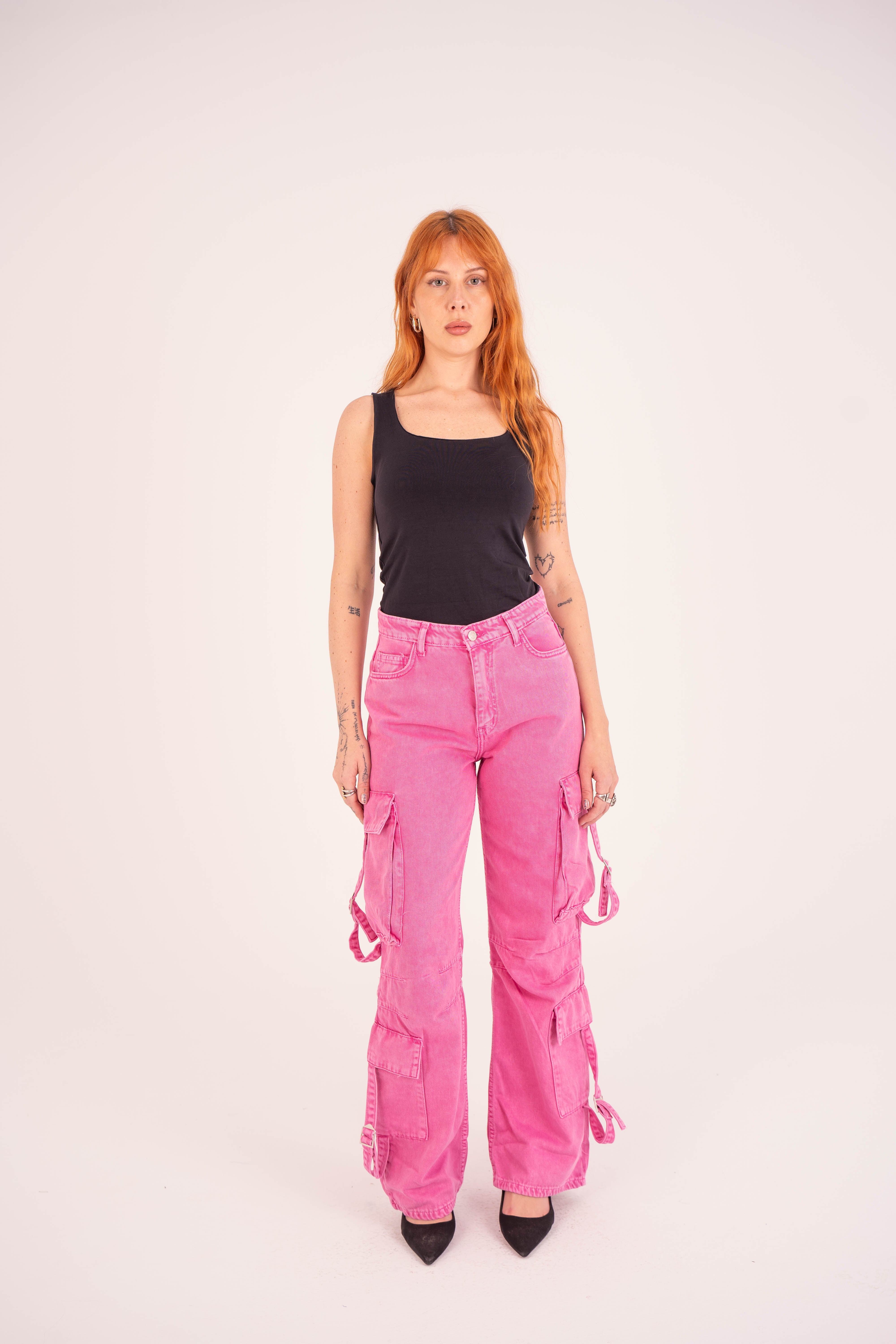 High-Waist Pink stone Cargo Jeans