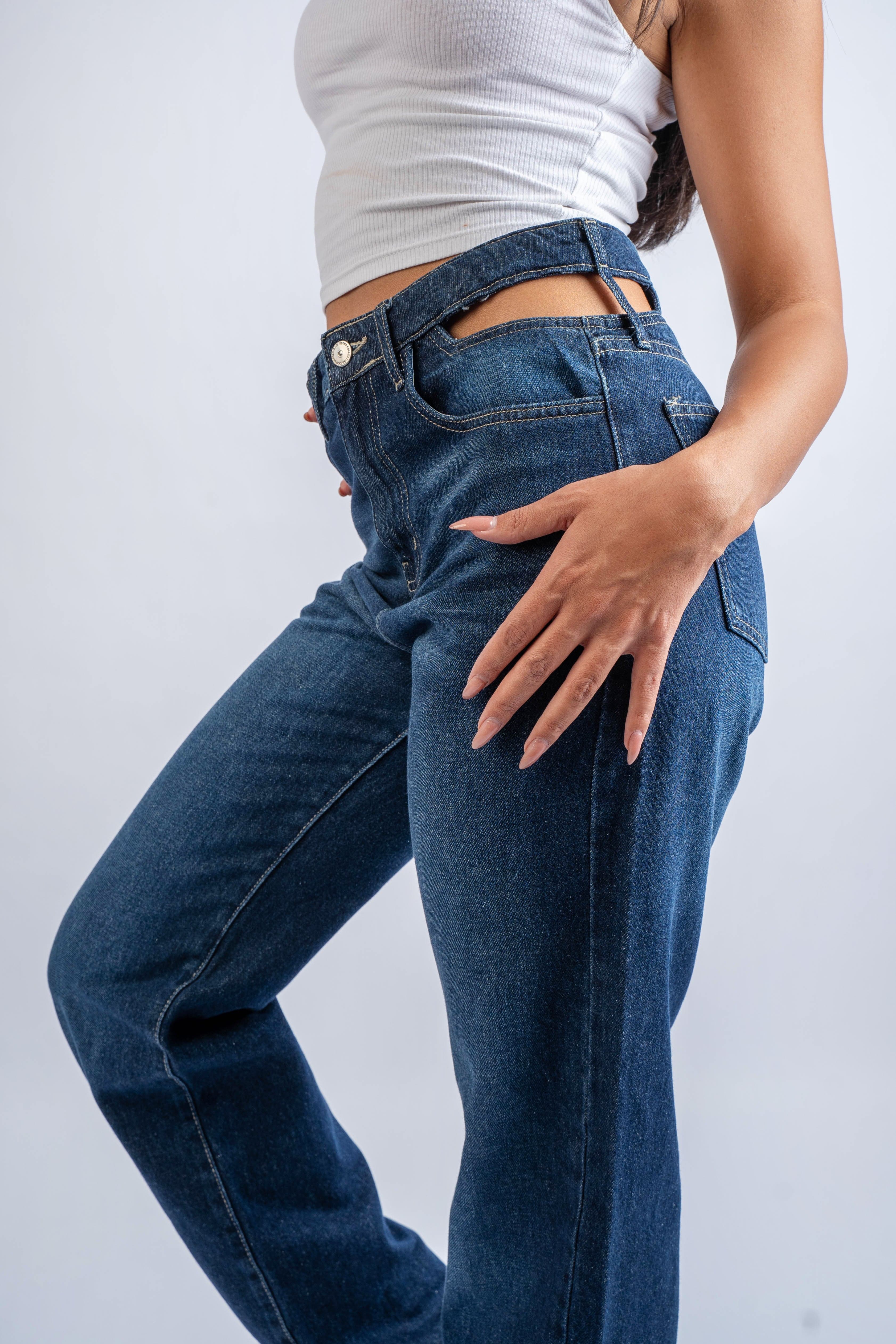 Double-Waist Dark Wash Straight Leg Jeans