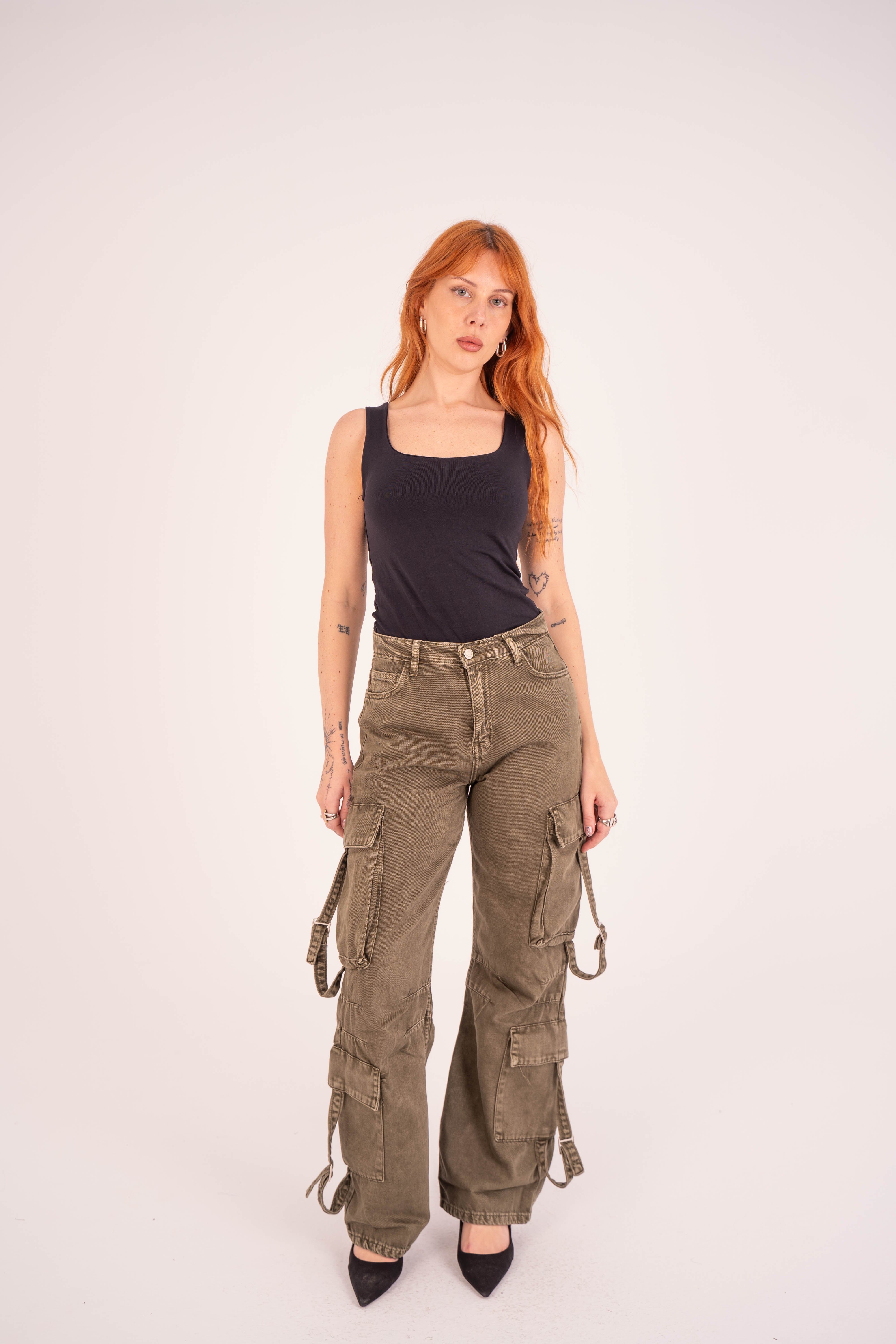 High-Waist Olive Stone Cargo Jeans