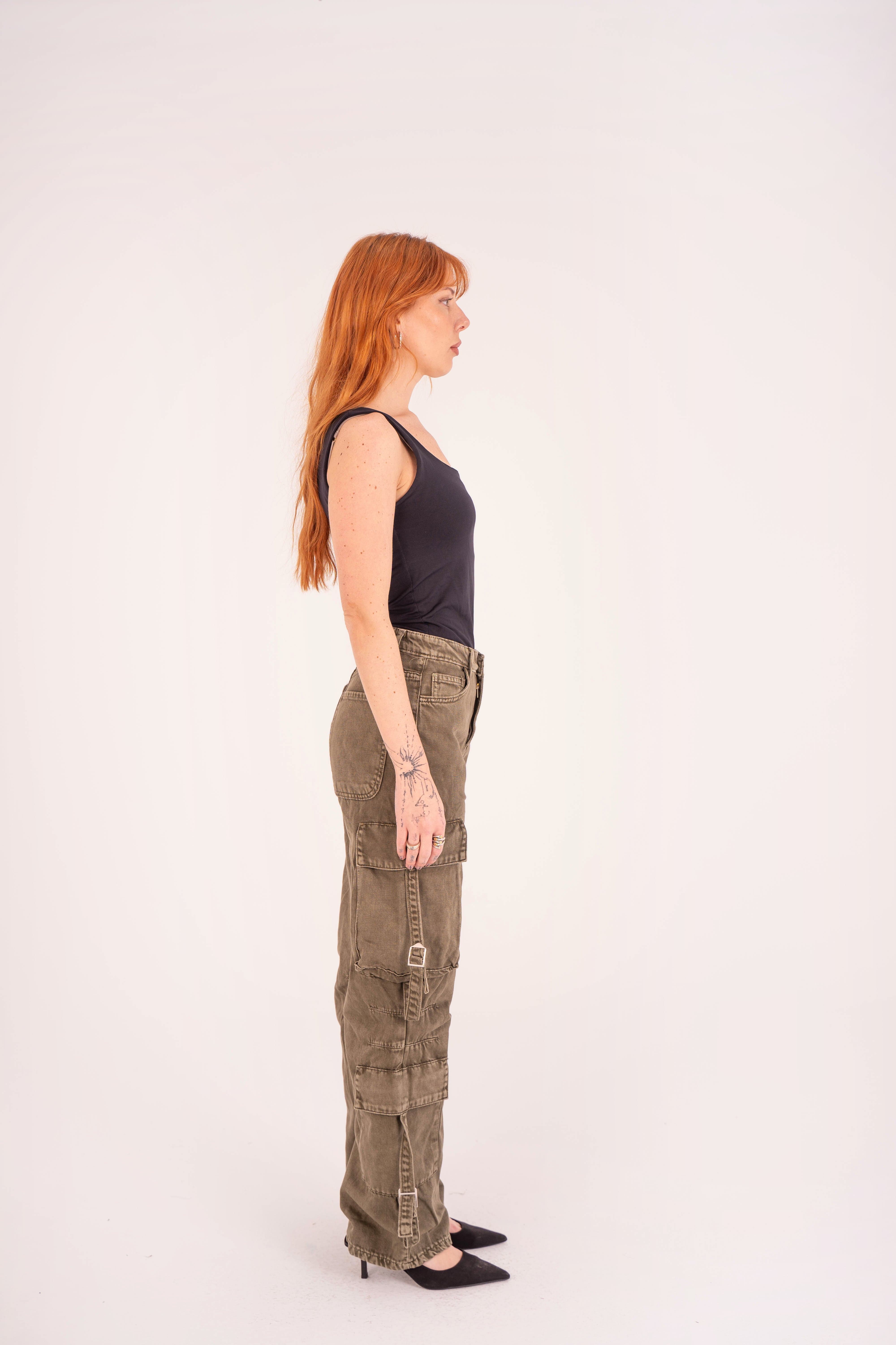 High-Waist Olive Stone Cargo Jeans