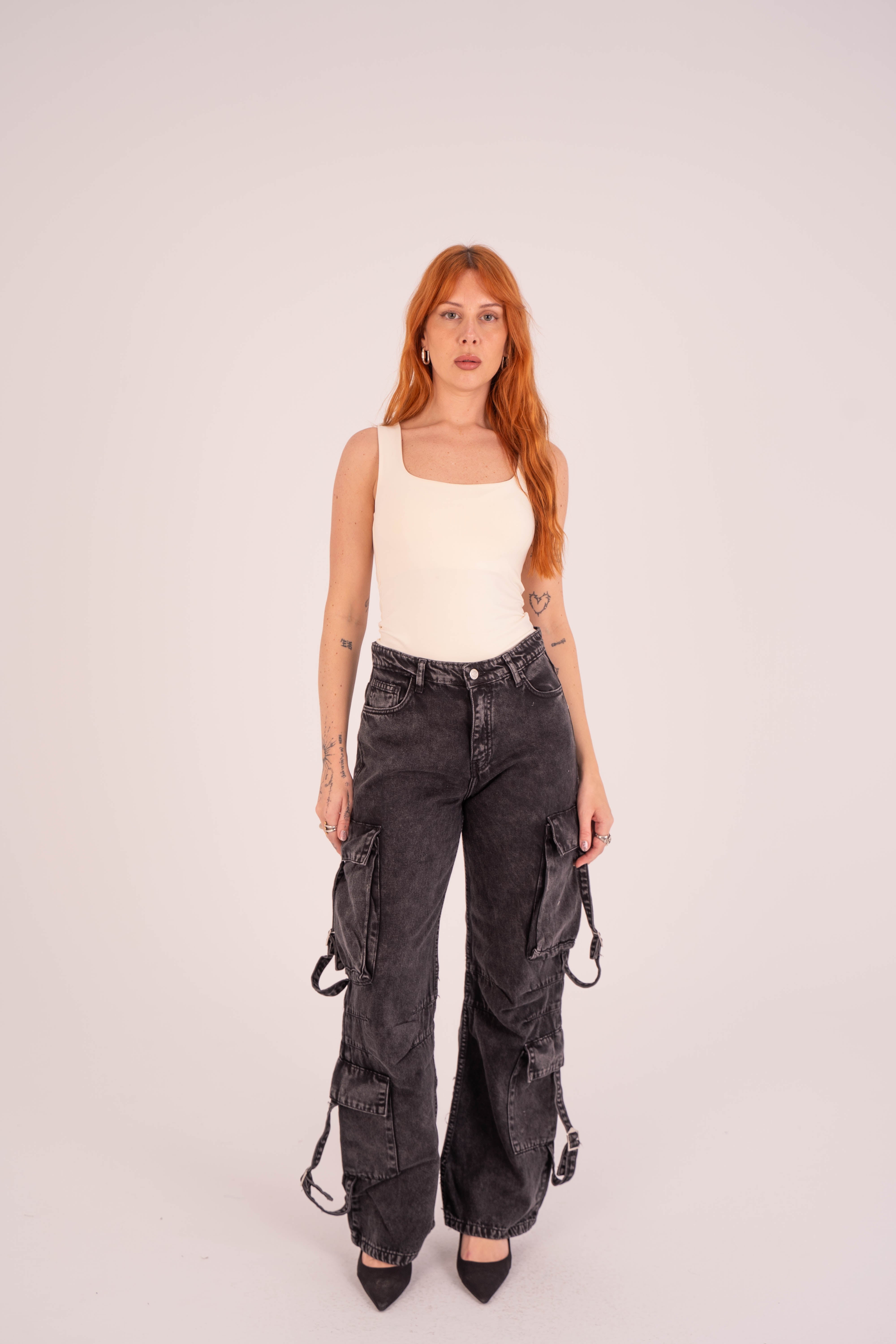 High-Waist Black stone Cargo Jeans