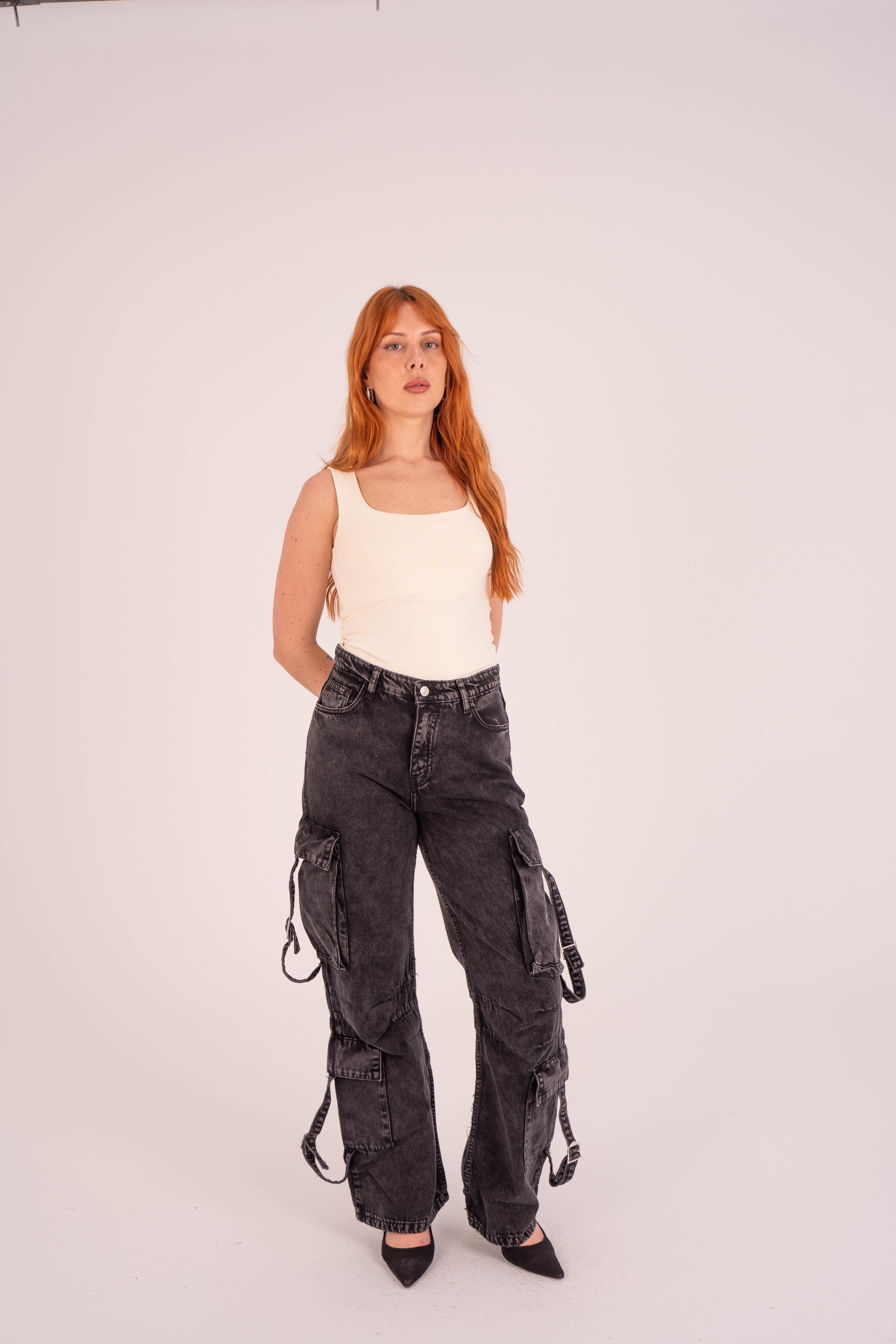 High-Waist Black stone Cargo Jeans