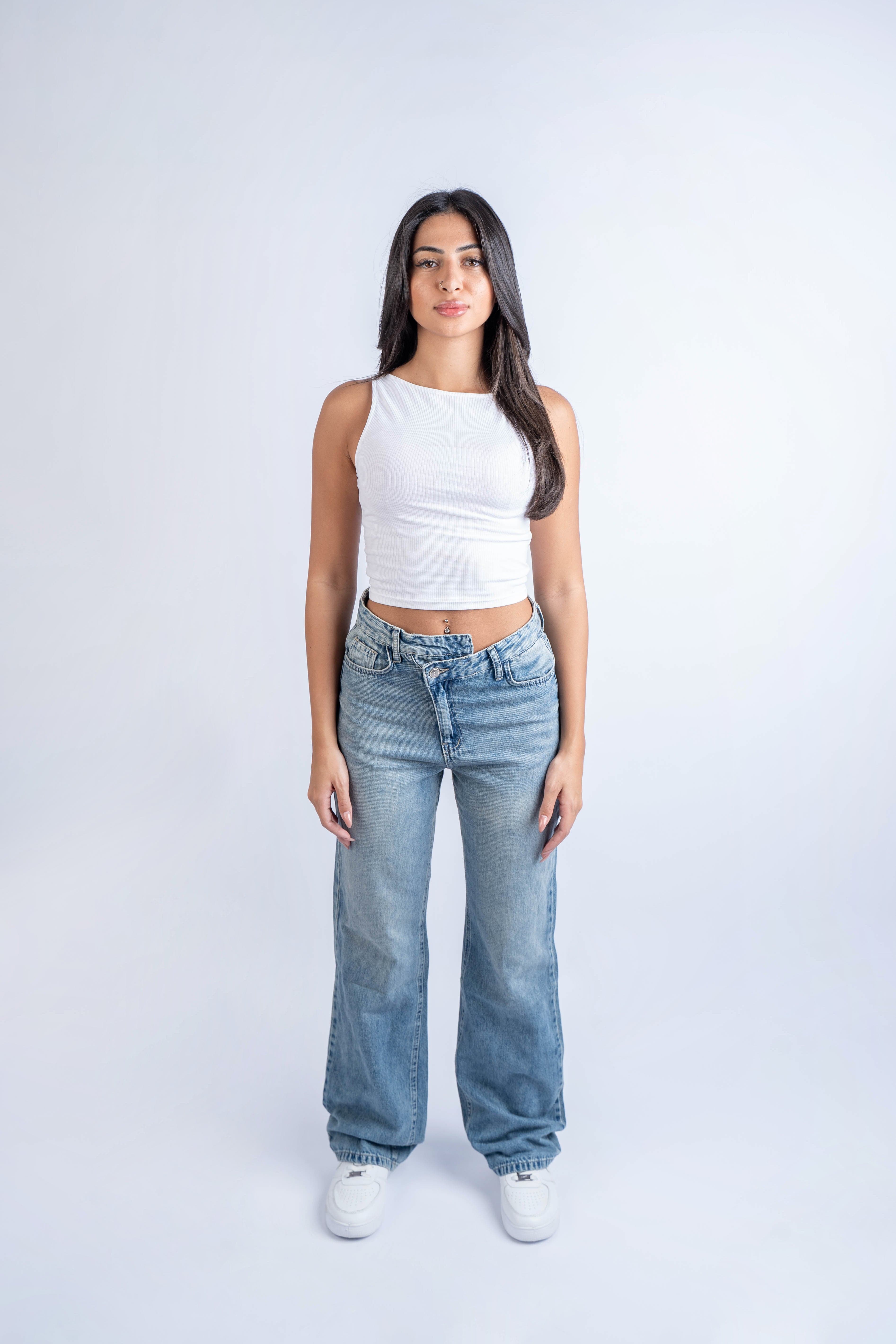 High-Waist Dirty Cross Belt Acid Blue Straight Leg Jeans