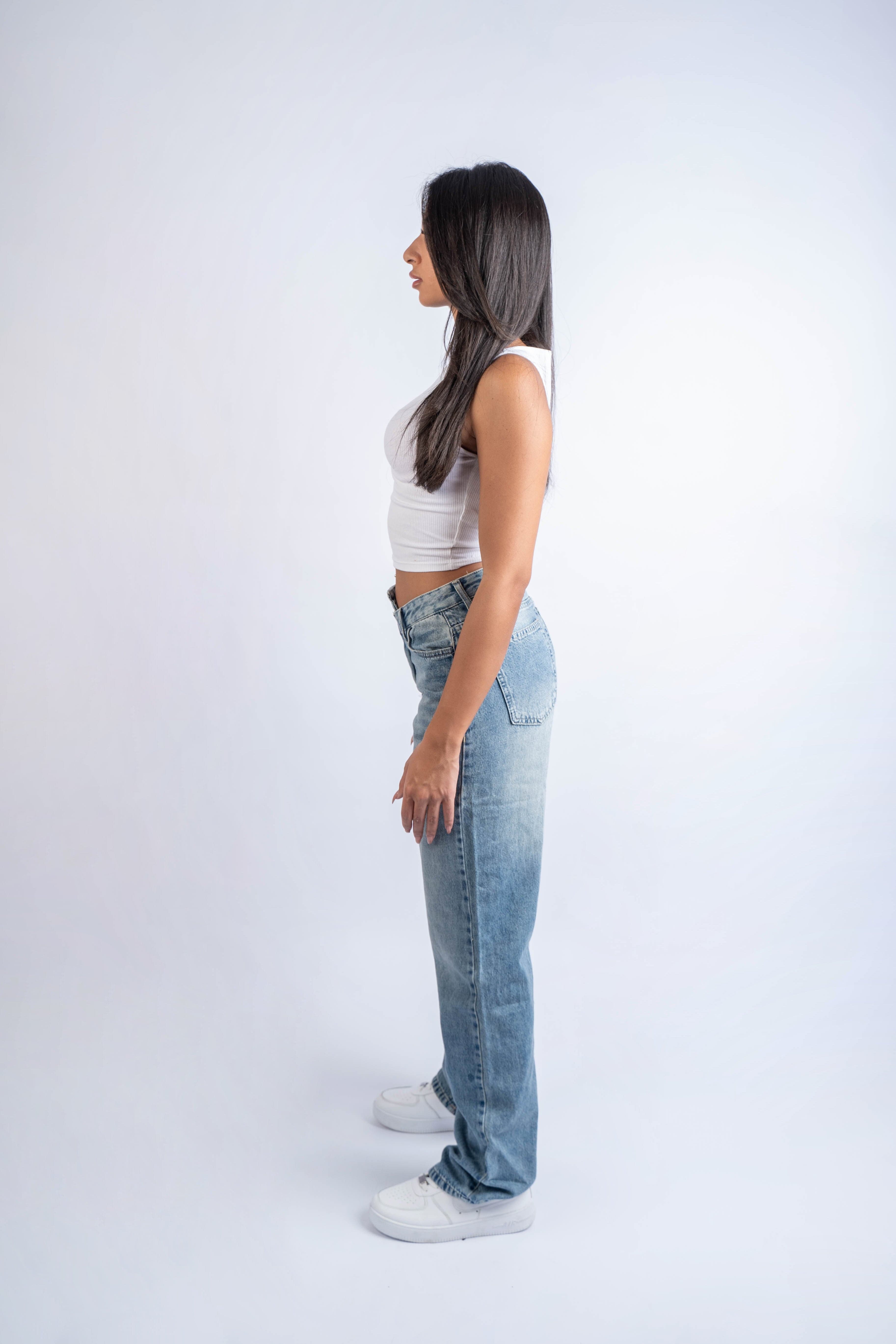 High-Waist Dirty Cross Belt Acid Blue Straight Leg Jeans