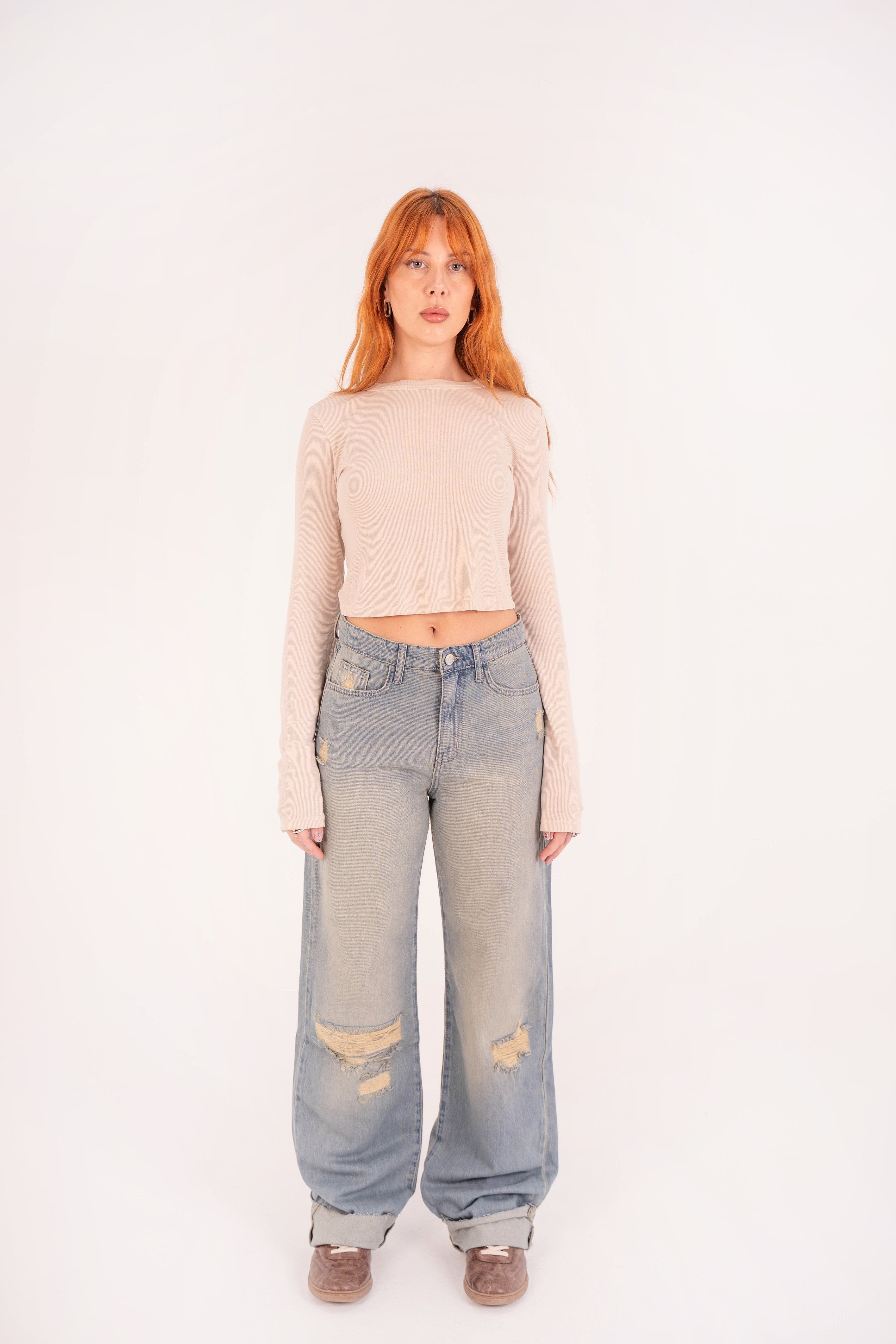 High-Waist Acid Wash Ripped Long Straight Leg Jeans